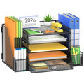 SUPEASY Mesh Desk Organizer with File Holder 5-Tier Paper Letter Tray Organizer with Magazine Holder Desktop Organizer and Storage with Upright Sections for Office Supplies Home or School (Black)