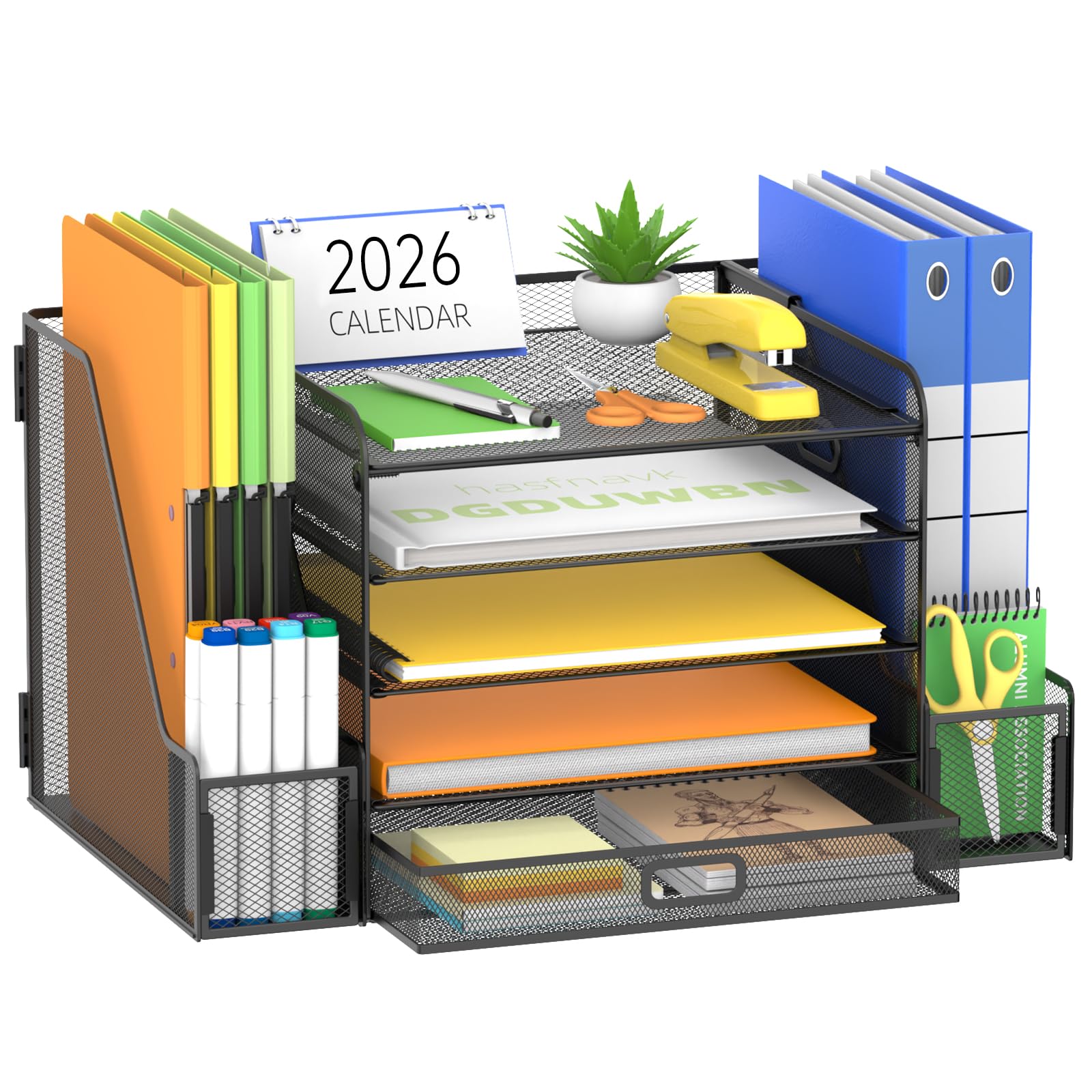 SUPEASY Mesh Desk Organizer with File Holder 5-Tier Paper Letter Tray Organizer with Magazine Holder Desktop Organizer and Storage with Upright Sections for Office Supplies Home or School (Black)