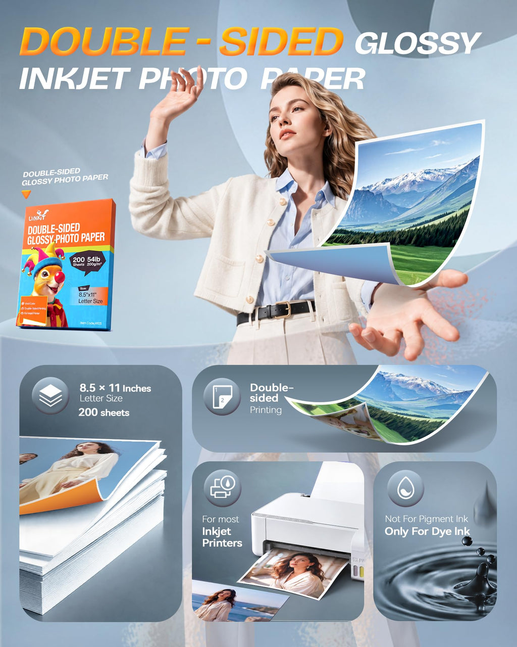 Uinkit 200 Sheets Double Sided Photo Paper Glossy 8.5x11 54lbs Inkjet for Dye Ink 200Gsm Value Bulk Pack Picture 8.5 x 11 9.5Mil for Inkjet Printing Printer