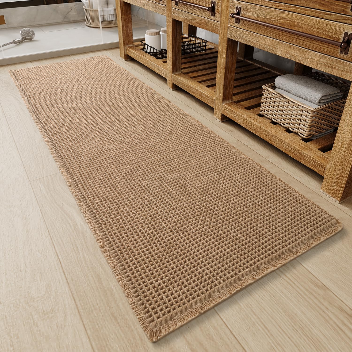 Upgraded Waffle Bathroom Runner Rug, Super Absorbent Bath Mats Non Slip Washable Long Bathroom Mat Ultra Soft Bath Runner Rugs for Hallway Entryway Bedroom Laundry Room Sink, 2'x 4', Brown
