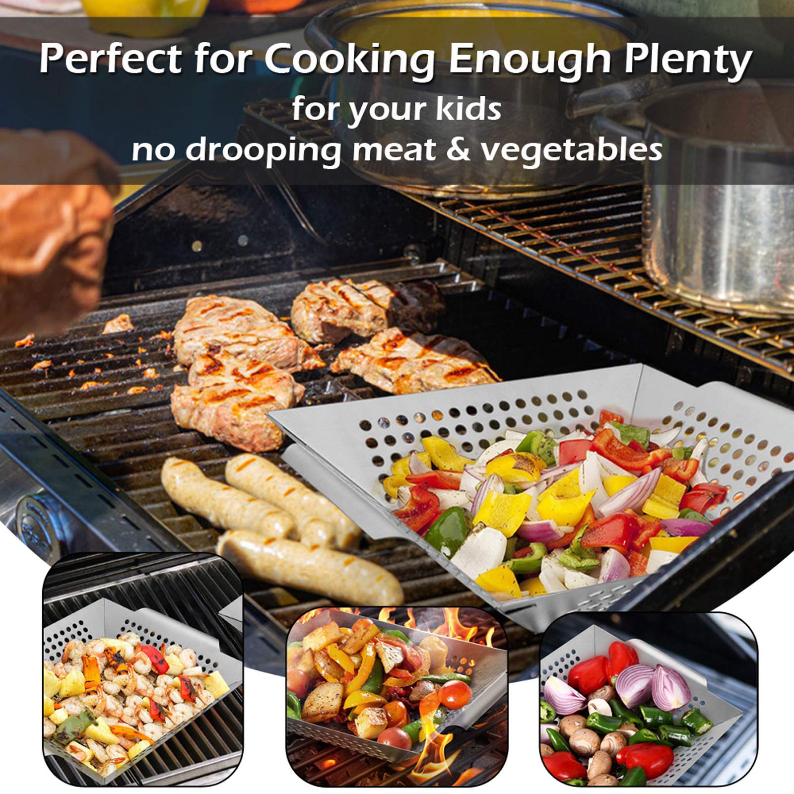 8” Grilling Basket, HaSteeL Small BBQ Grill Basket Wok Set of 2 for Vegetable, Kabobs, Shrimps, Heavy Duty Stainless Steel Grilling Accessories for All Grills, Dishwasher Safe