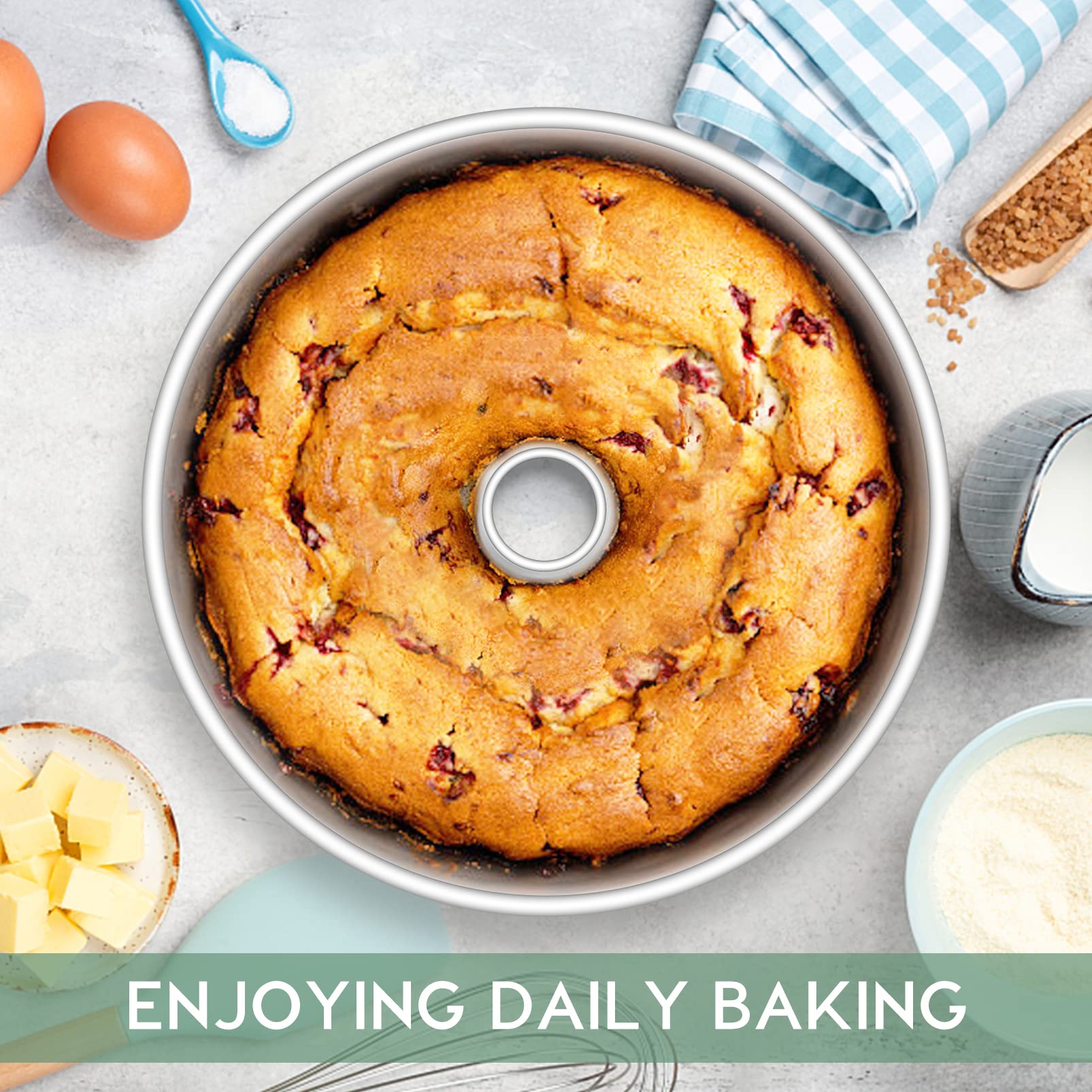 TeamFar 10inch Angel Food Cake Pan, Stainless Steel Pound Cake Pan with Tube, Hollow for Home/Kitchen Baking, Healthy & Non-Toxic, Durable & One-Piece, Mirror Finish & Dishwasher Safe, Silver
