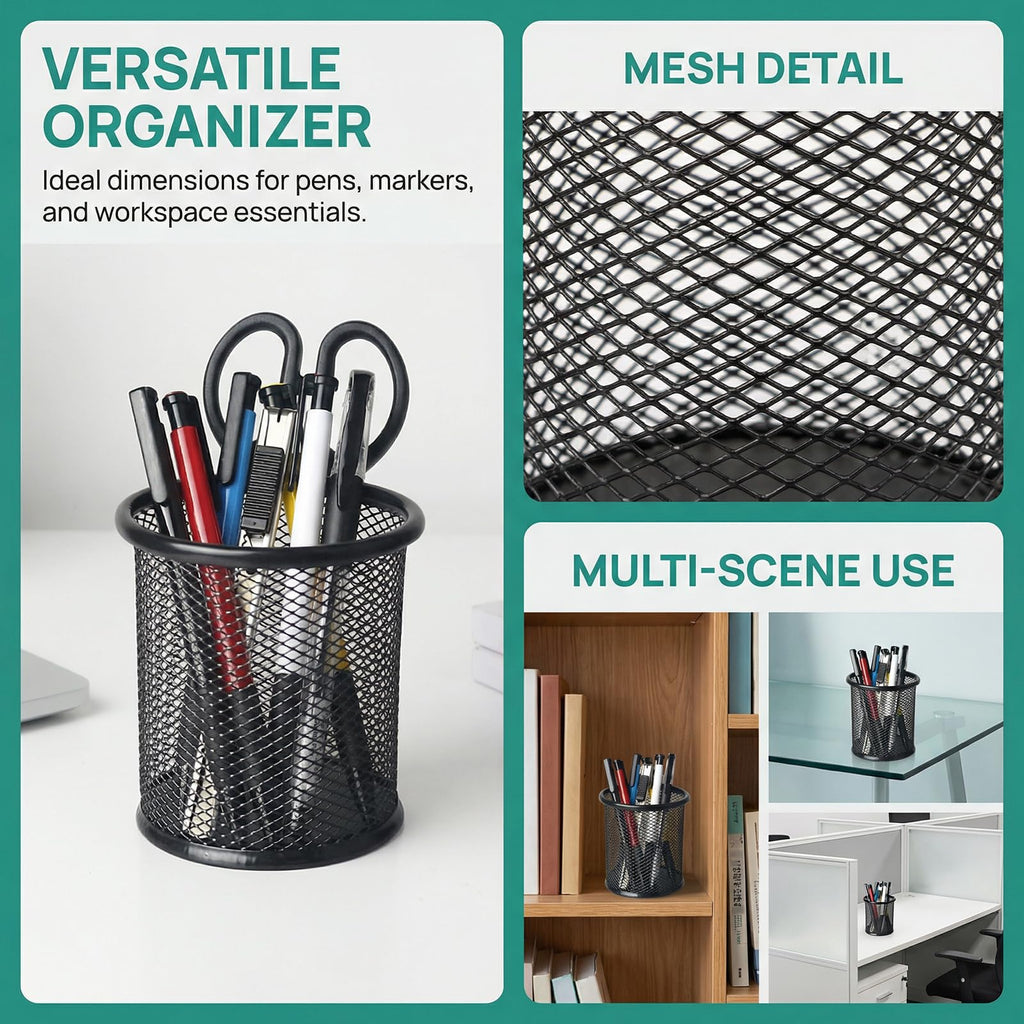 Nicunom 12 Pack Metal Pen Holder Mesh Pencil Holder Desk Organizer Mesh Round Pen Cup Pencil Cup for Desk Office Pen Organizer, Black