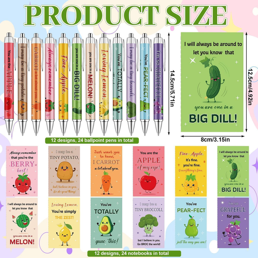 24 Sets Employee Appreciation Gifts Bulk Inspirational Mini Notebook with Pens Cute Fruit Vegetable Pun Design Motivational Pocket Notepads Positive Gifts for Coworker Staff Volunteer Teacher Student