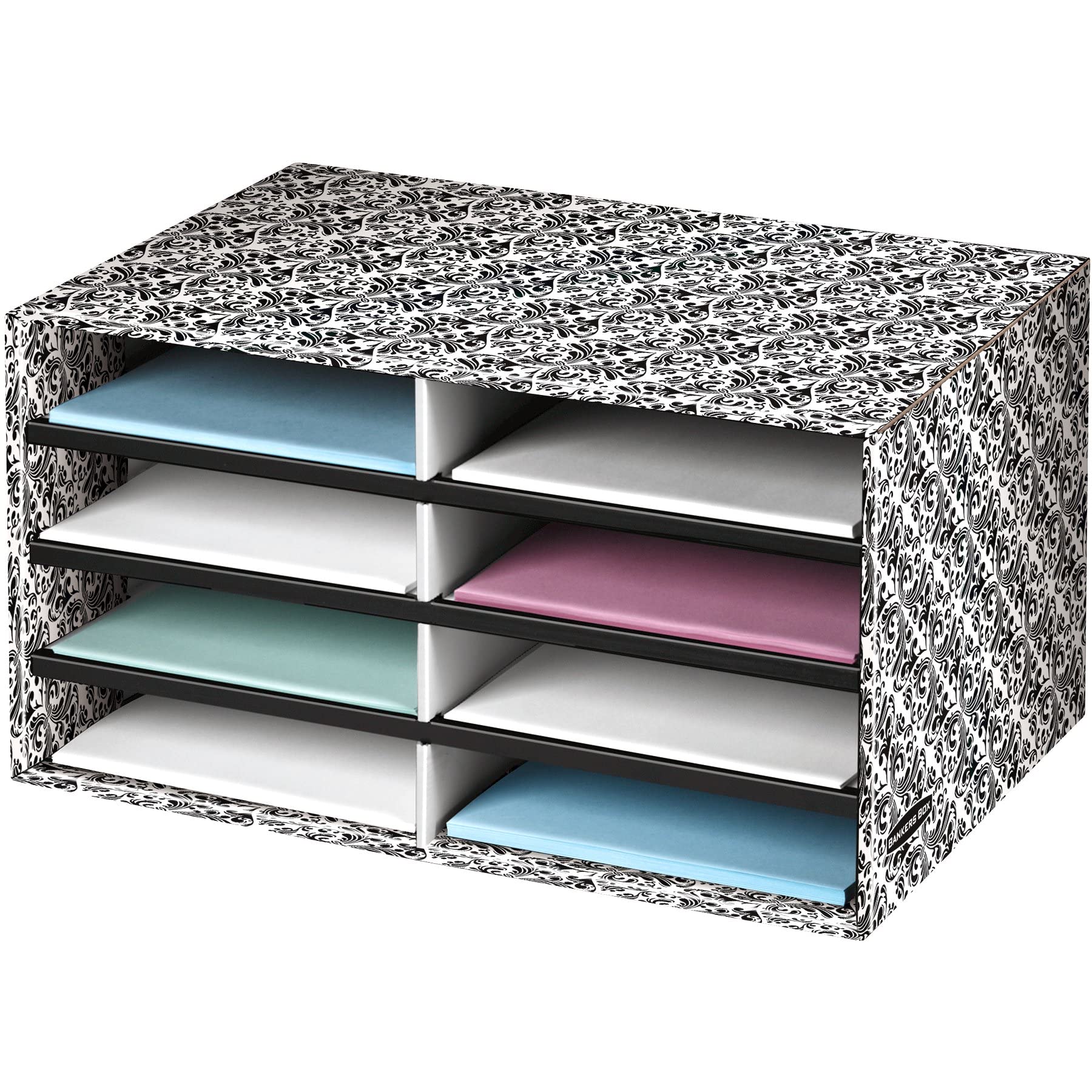 Bankers Box Decorative Eight Compartment Literature Sorter, Letter, Black/White Brocade (6170301)