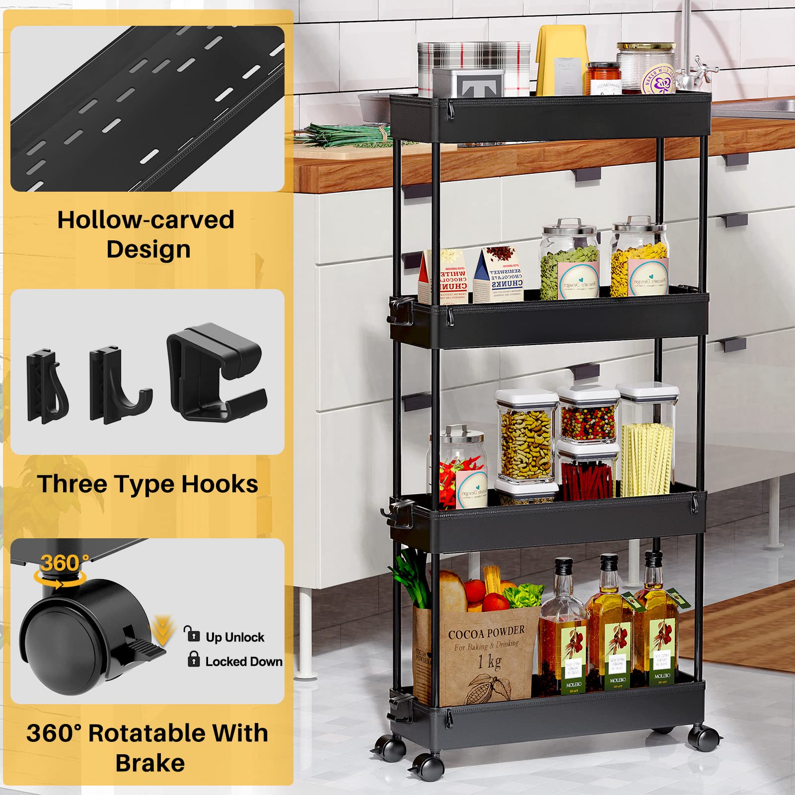 SPACEKEEPER Slim Rolling Storage Cart 4 Tier Bathroom Organizer Mobile Shelving Unit Storage Rolling Utility Cart Tower Rack for Kitchen Bathroom Laundry Narrow Places, Black