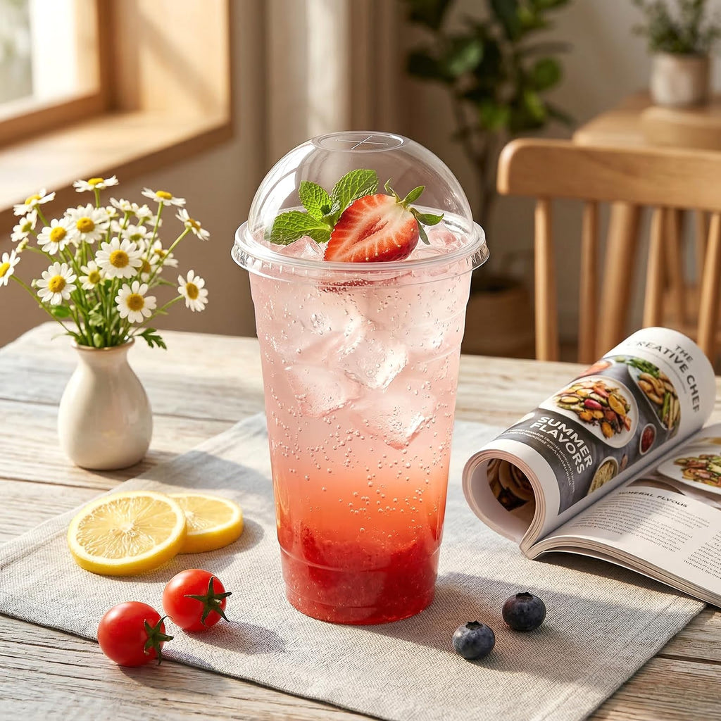 Okllen 100 Pcs 24 Oz Plastic PET Cups with Dome Lids, Disposable Clear Cold Drinking Cups Coffee Cups for Party, Plastic to Go Drinking Cup for Beverages, Smoothie, Milkshakes, Ice Cream, No Straw