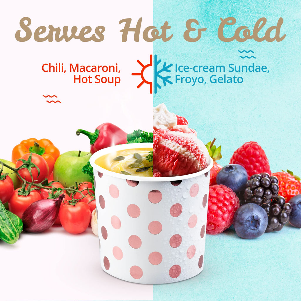 MATICAN Paper Ice Cream Cups - 100-Count 11-Oz Disposable Bowls with Rose Gold Foil Dots