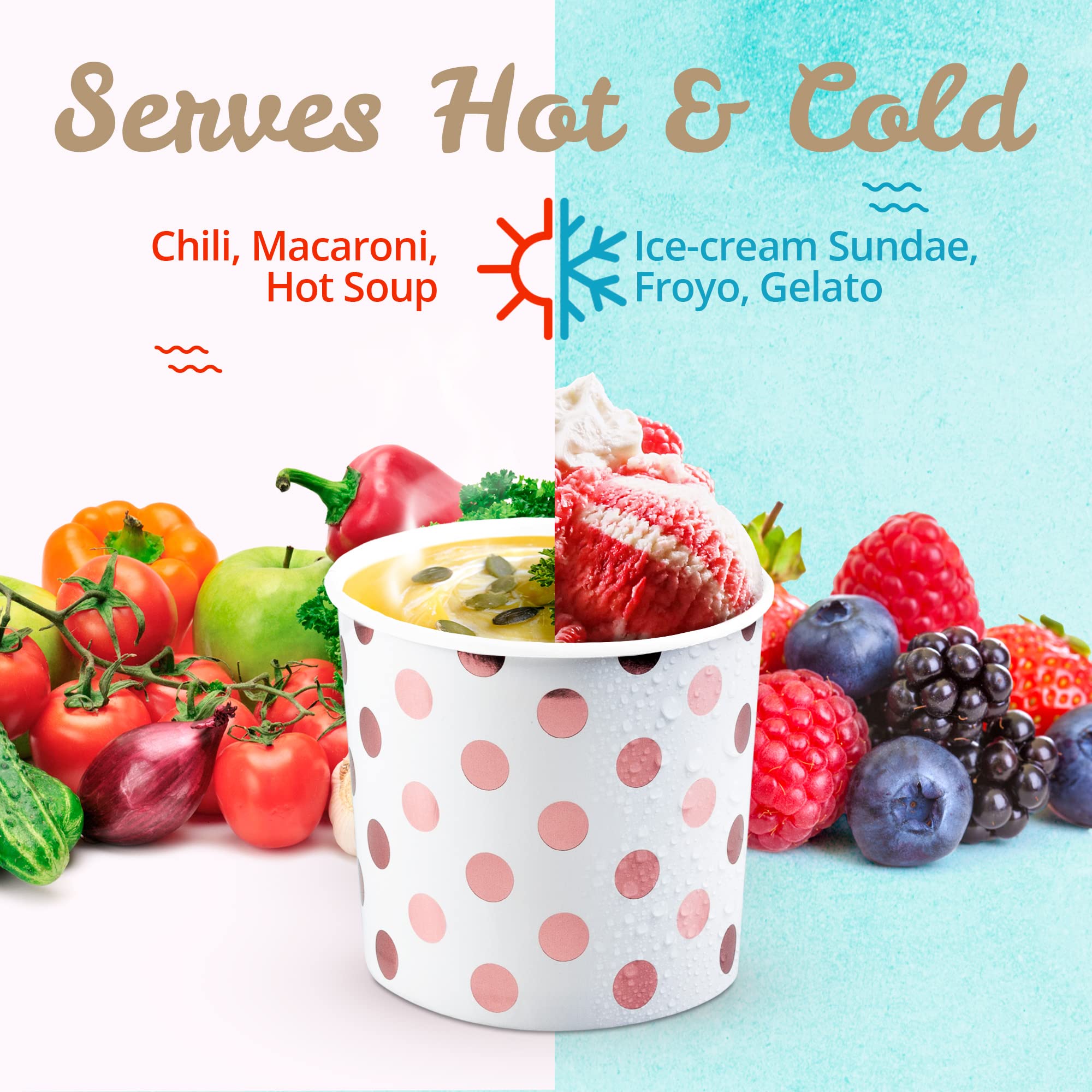 MATICAN Paper Ice Cream Cups - 100-Count 11-Oz Disposable Bowls with Rose Gold Foil Dots