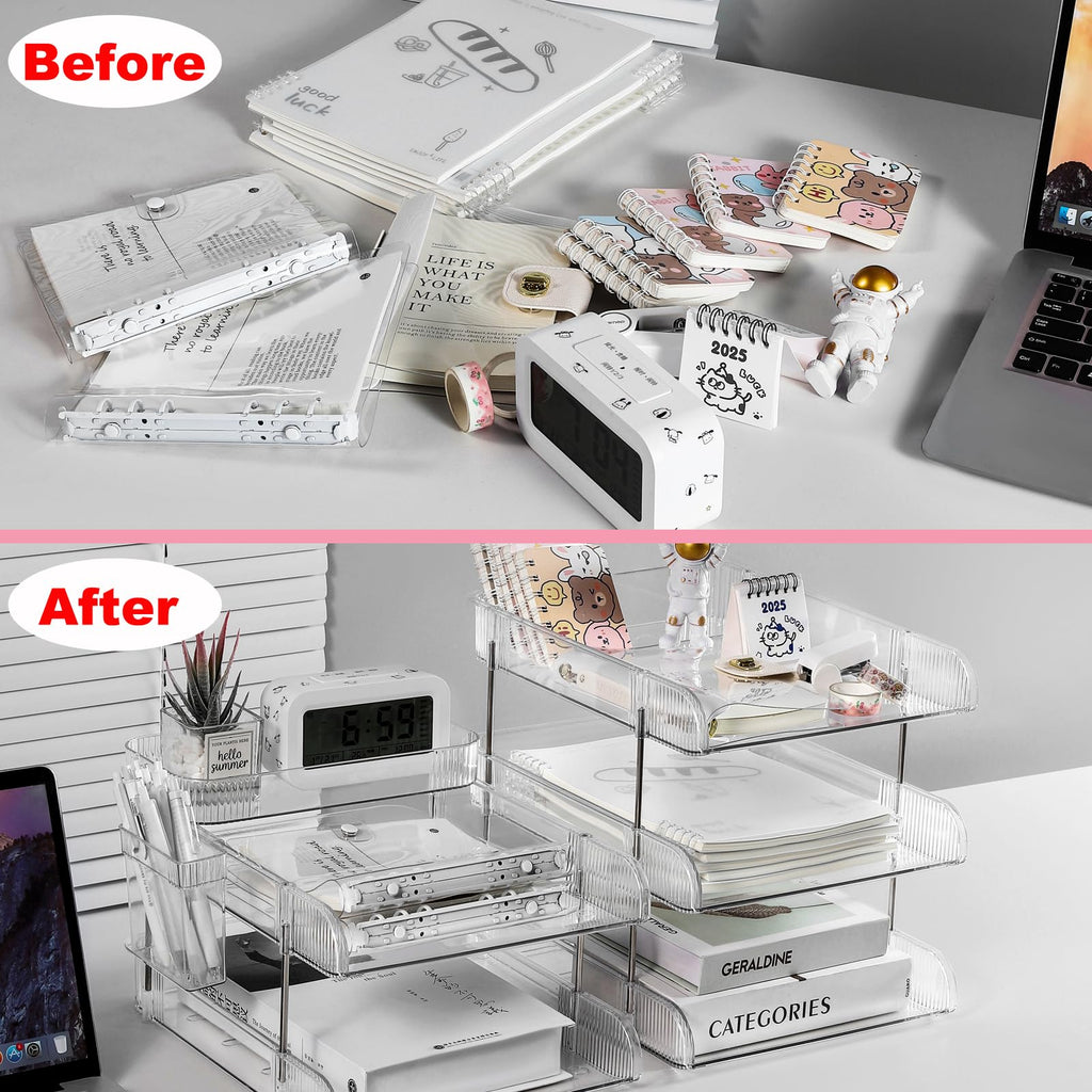 Paper Organizer Letter Tray - Arcylic Desk File Organizer with Pencil Holder and Top Box, Stackable Paper Organizer for Desk, Office Organizers for Letter/A4 Office File, Books