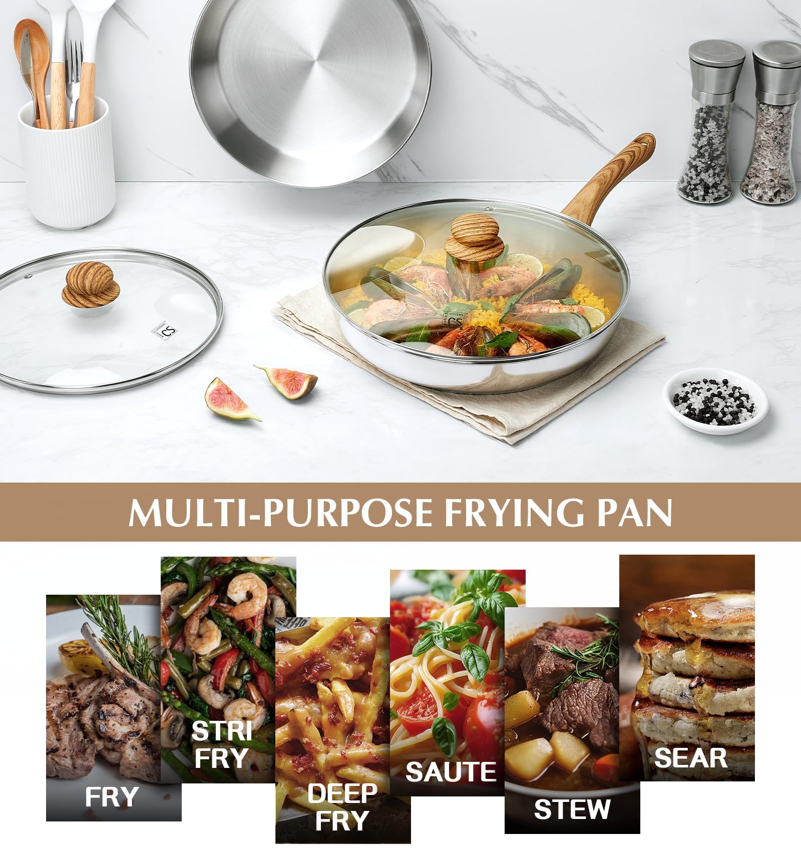 KOCH SYSTEME CS Stainless Steel Pan 10 Inch, Stainless Steel Frying Pan with Lid, 26cm Skillet with Heat-Resistant Bakelite Handle, Tri-ply Bottom, Induction Compatible, Dishwasher Safe