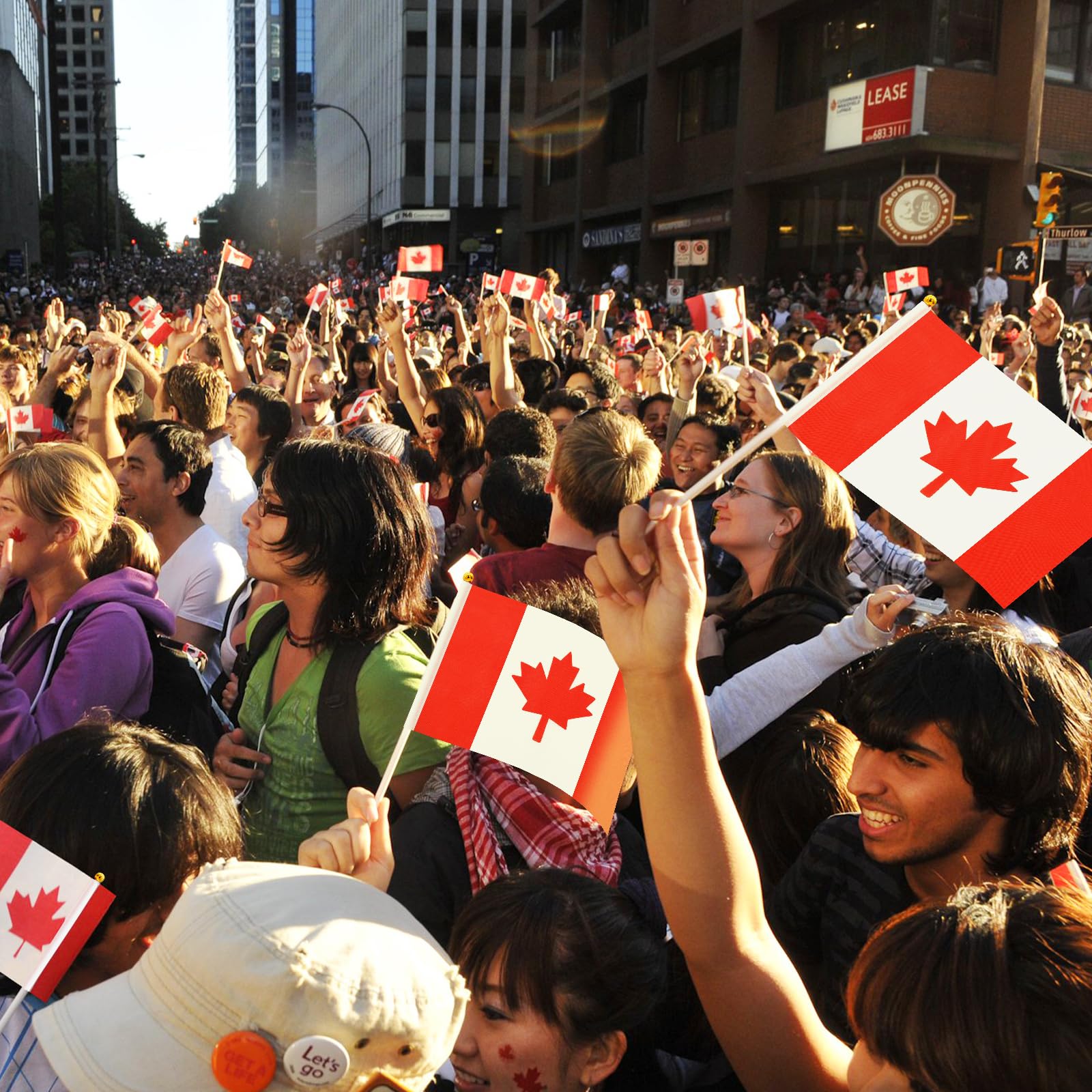 50 Pack Small Canada Flag Stick 5'' x 8'' - Handheld Canadian Maple Leaf Flags with Plastic Sticks, Mini Le drapeau du Canada for Outdoor Parades, National Day Celebration Party Decorations
