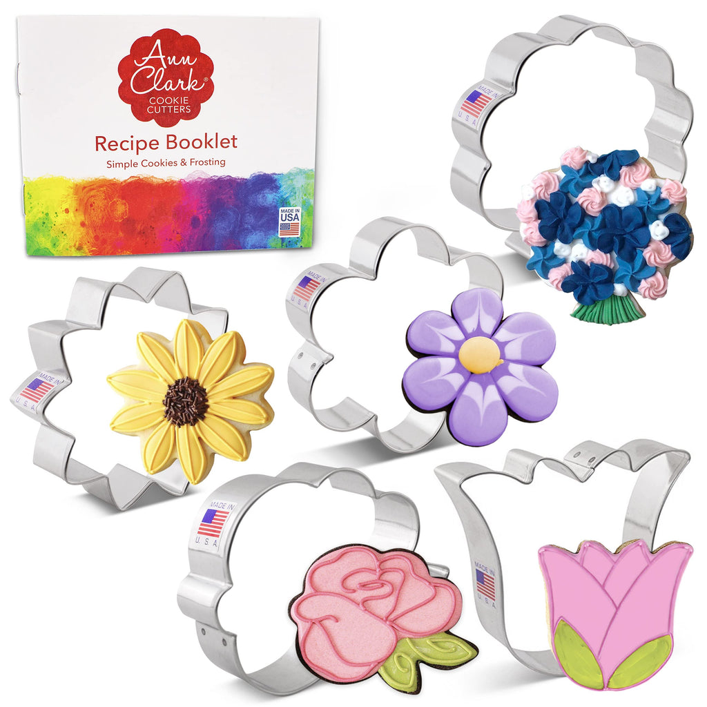 Summer Flowers Cookie Cutters 5-Pc. Set Made in The USA by Ann Clark, Flower, Rose, Sunflower, Tulip, Flower Bouquet