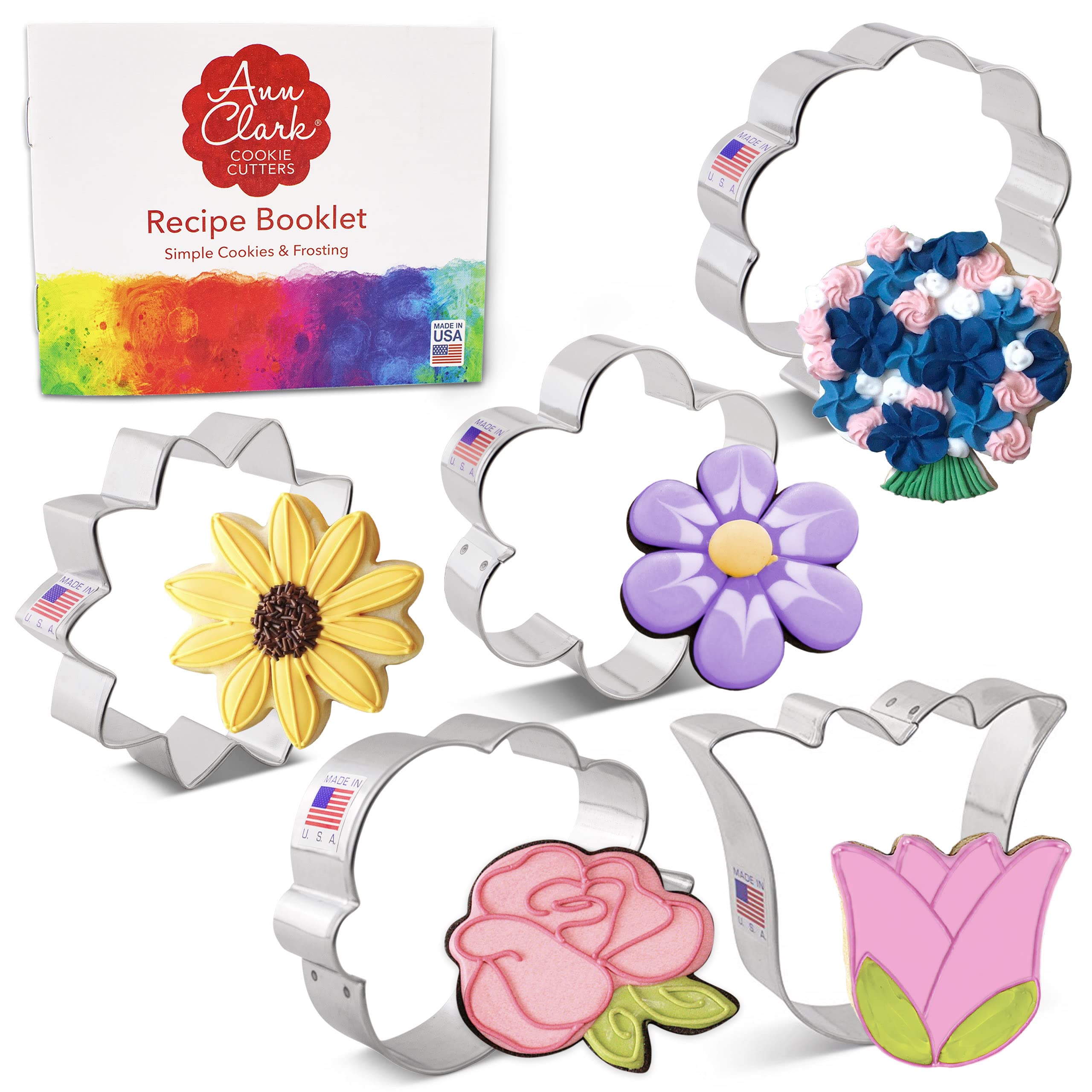 Summer Flowers Cookie Cutters 5-Pc. Set Made in The USA by Ann Clark, Flower, Rose, Sunflower, Tulip, Flower Bouquet