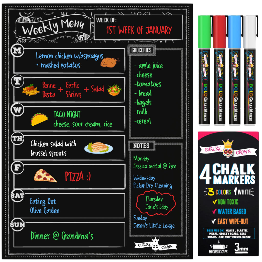 Magnetic Dry Erase Menu Board for Fridge Includes 4 Liquid Chalk Markers - Weekly Meal Planner Blackboard, Grocery List and Notepad for Kitchen Refrigerator - Chalkboard Magnet