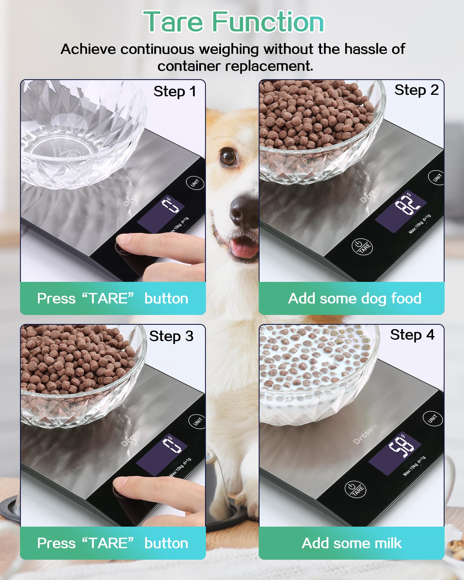 Drcowu Large Display Food Kitchen Scale, 10kg Digital Scales for Baking, Cooking, Keto and Meal Prep, Balance Alimentaire, Food Weight Scale with 1g Accuracy and LCD Backlit, Easy to Read, Gram and Oz