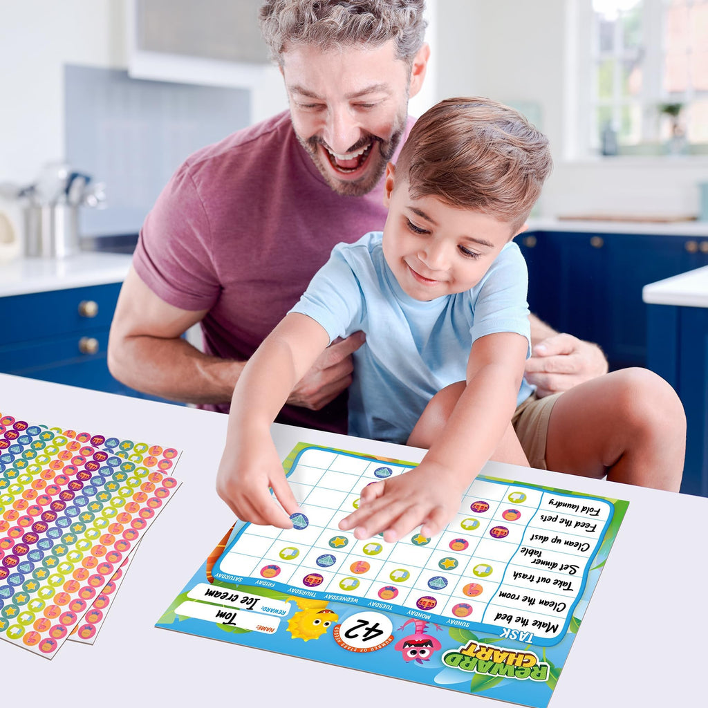 D-FantiX Behavior Reward Chart System - Pad with 27 Chore Chart for Multiple Kids, Reward Sticker Charts to Motivate Responsibility and Good Behavior, 2280 Reward Stickers & 48 Incentive Stickers