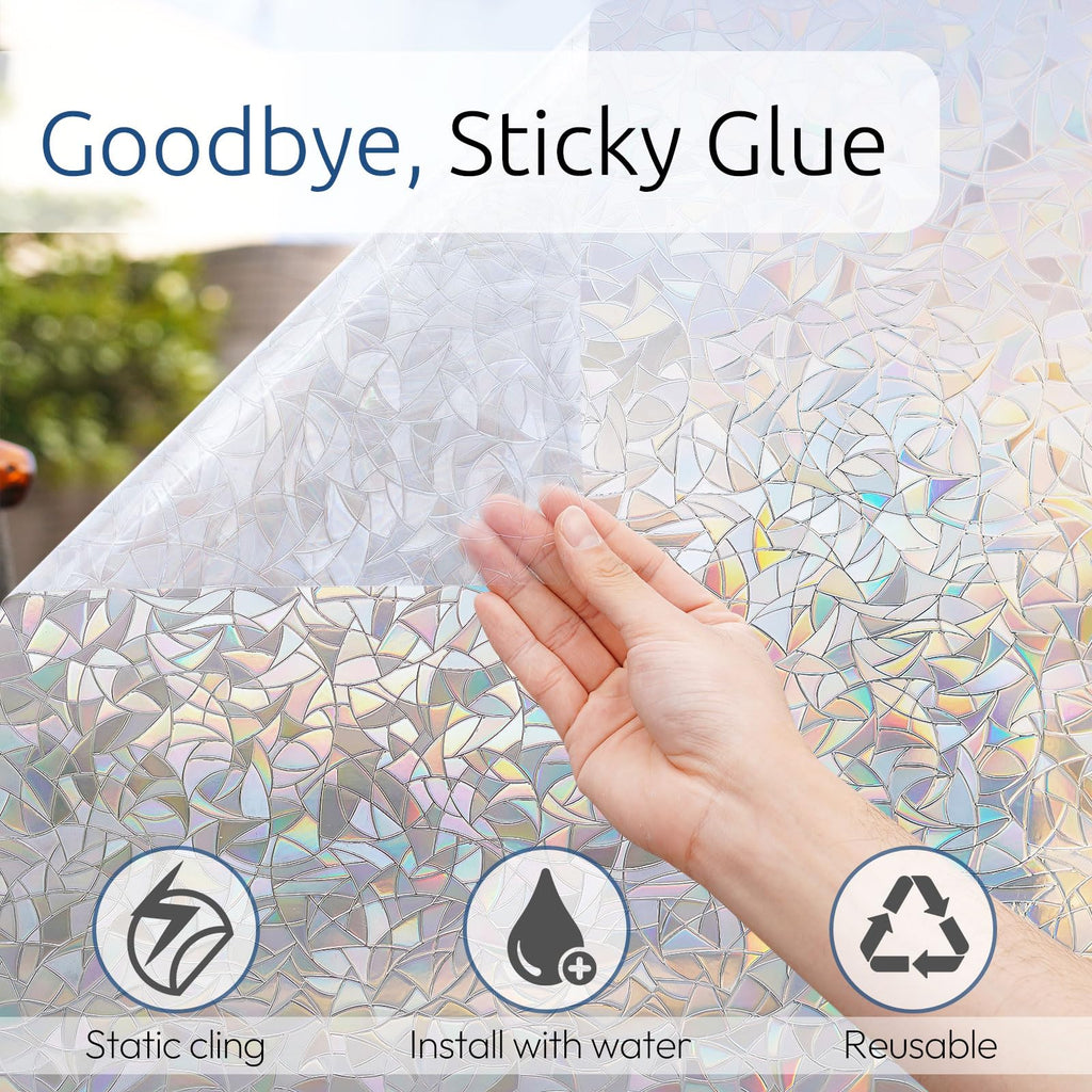 rabbitgoo Rainbow Window Films for Privacy, 3D No Glue Decorative Window Clings, UV Blocking Removable Stained Glass Tint Film, Privacy Glass Stickers for Home Office Door, 44.5X200cm