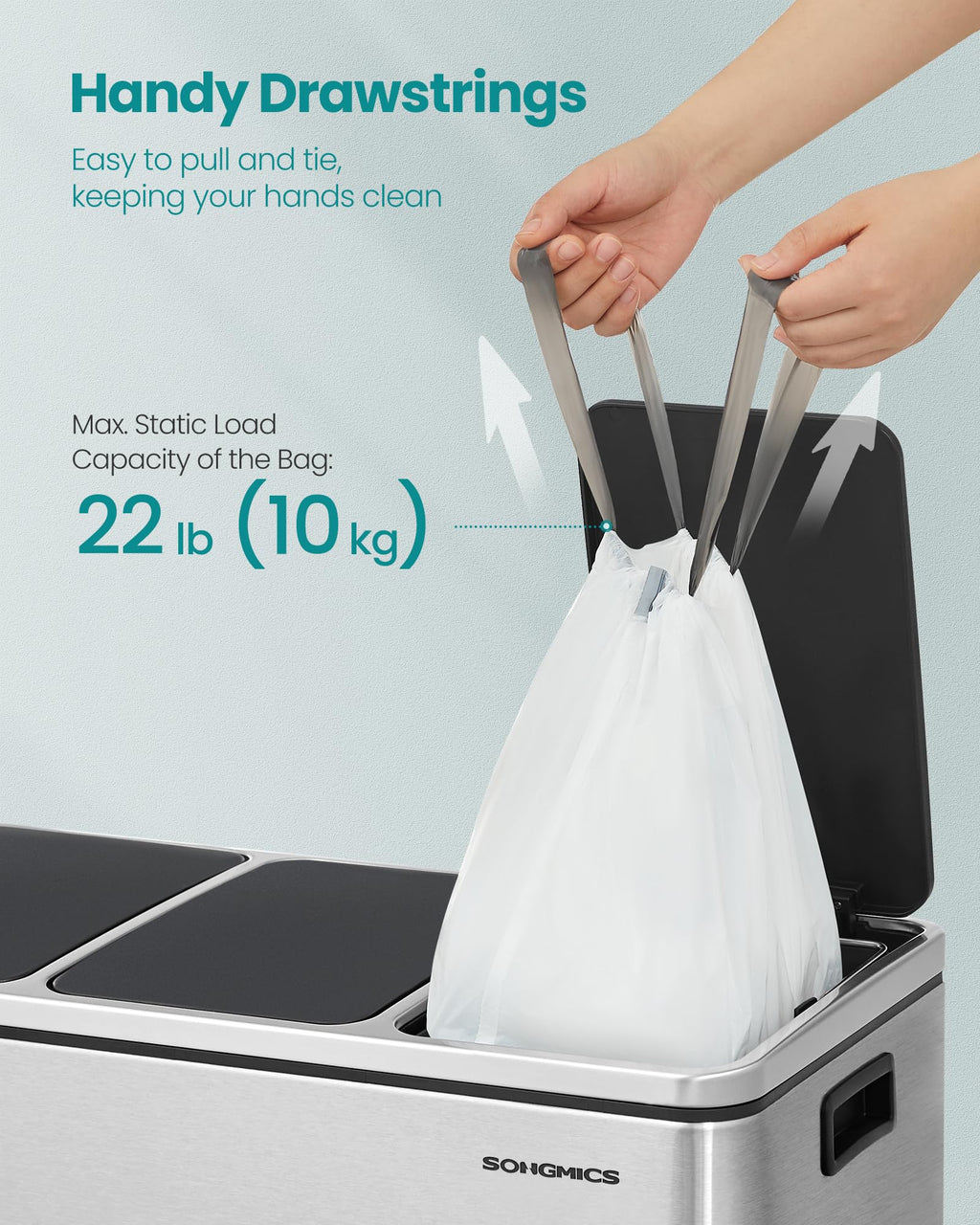 SONGMICS Trash Bags for 5.3 Gallon (20 L) Trash Cans, Drawstring Kitchen Garbage Bags, Pre-Separated, Quick-Dispense Box, Liner Code L, 4 Rolls, 160 Count, White UKRB021A04