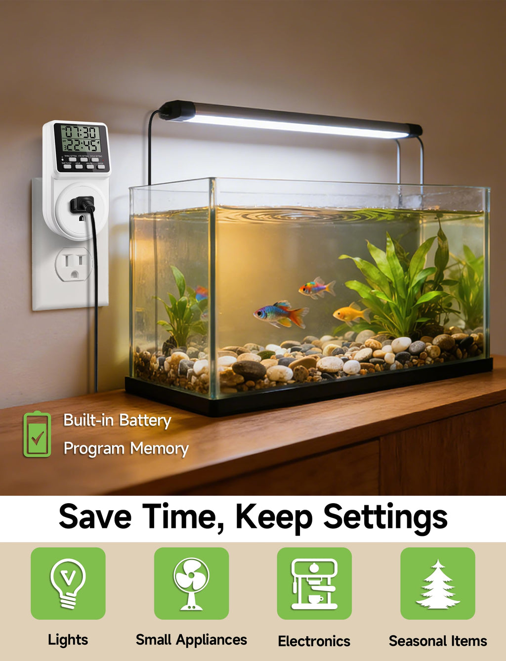 Techbee Digital Programmable Outlet Timer Plug Indoor Short Period Repeat Cycle Timer Switch with 24 Hour Countdown Delay ON/Off for Electrical Power (120V, 15A)