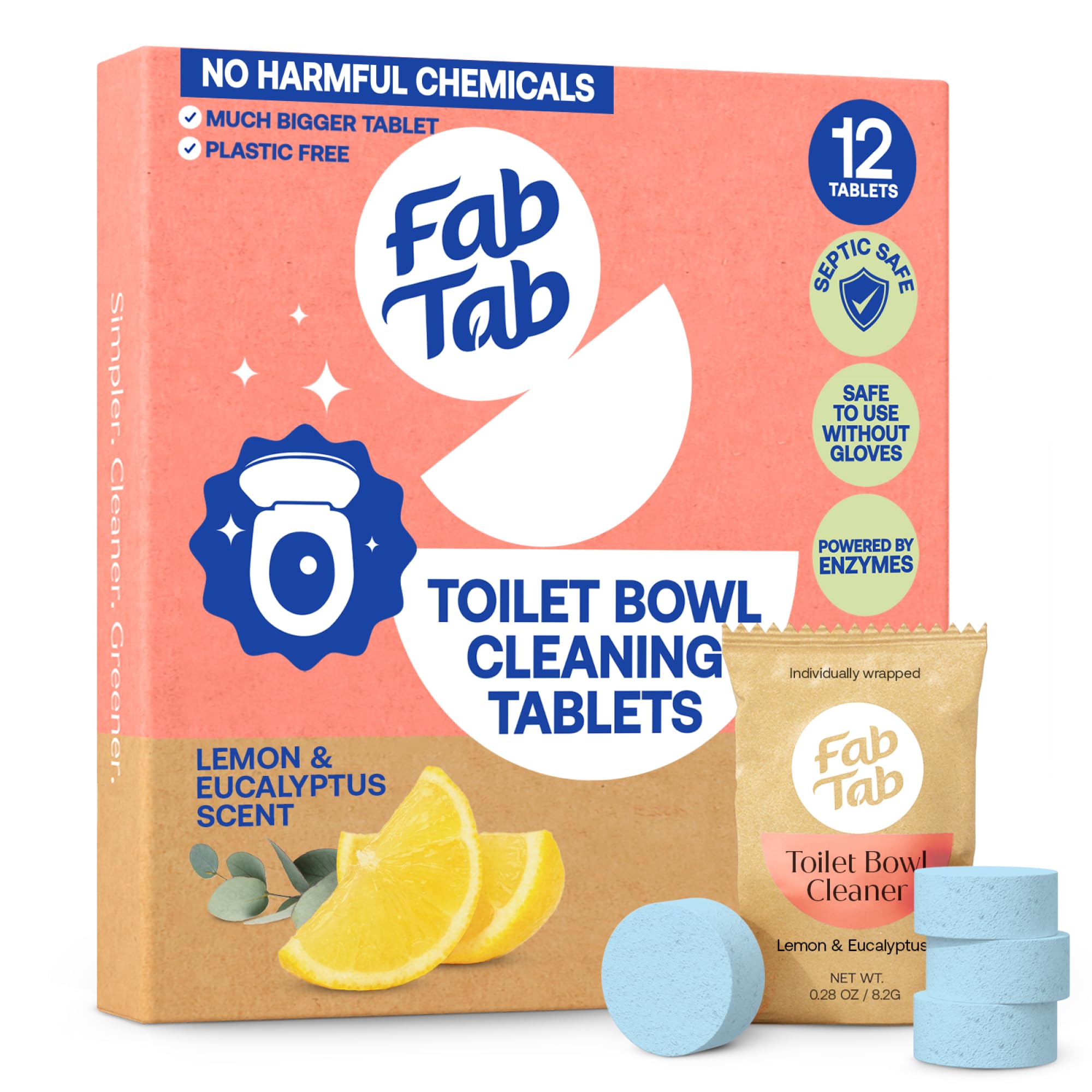 FabTab Toilet Bowl Cleaning Tablets, Lemon & Eucalyptus Scent, 12 Count