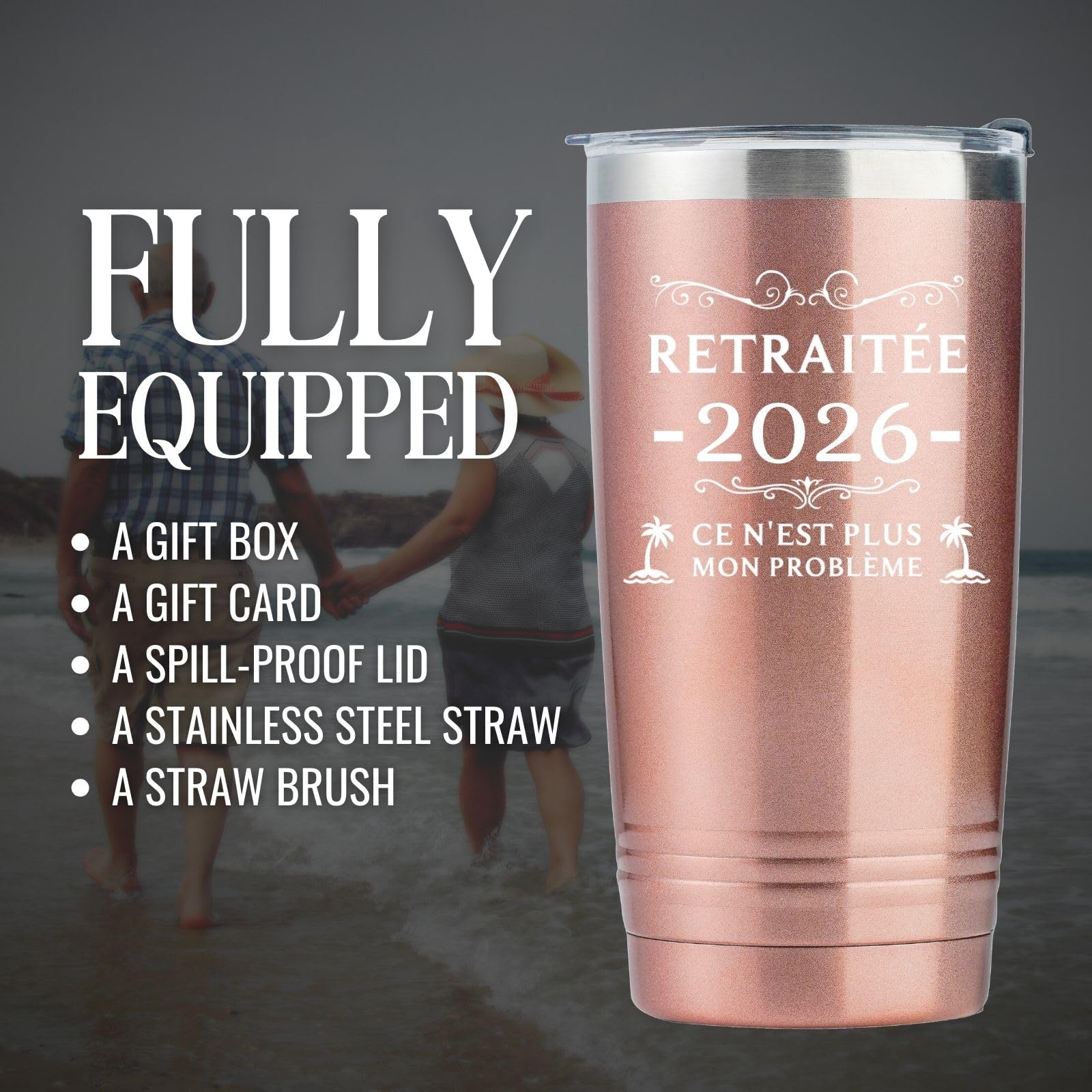 Onebttl Retirement Gifts for Women in French, Insulated 20oz Stainless Steel Travel Tumbler with Lid