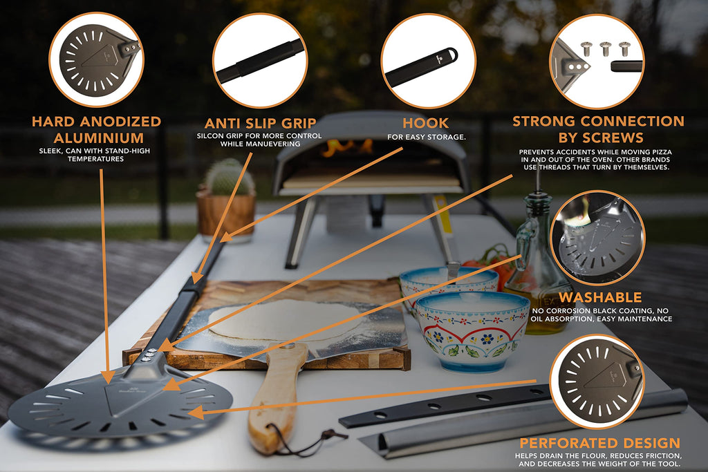 Timber Tree Pizza Turning Peel, Perforated Aluminum, with Detachable Handle for Easy Storage, Gourmet Luxury Pizza Paddle for Baking Homemade Pizza Bread (8 inch)