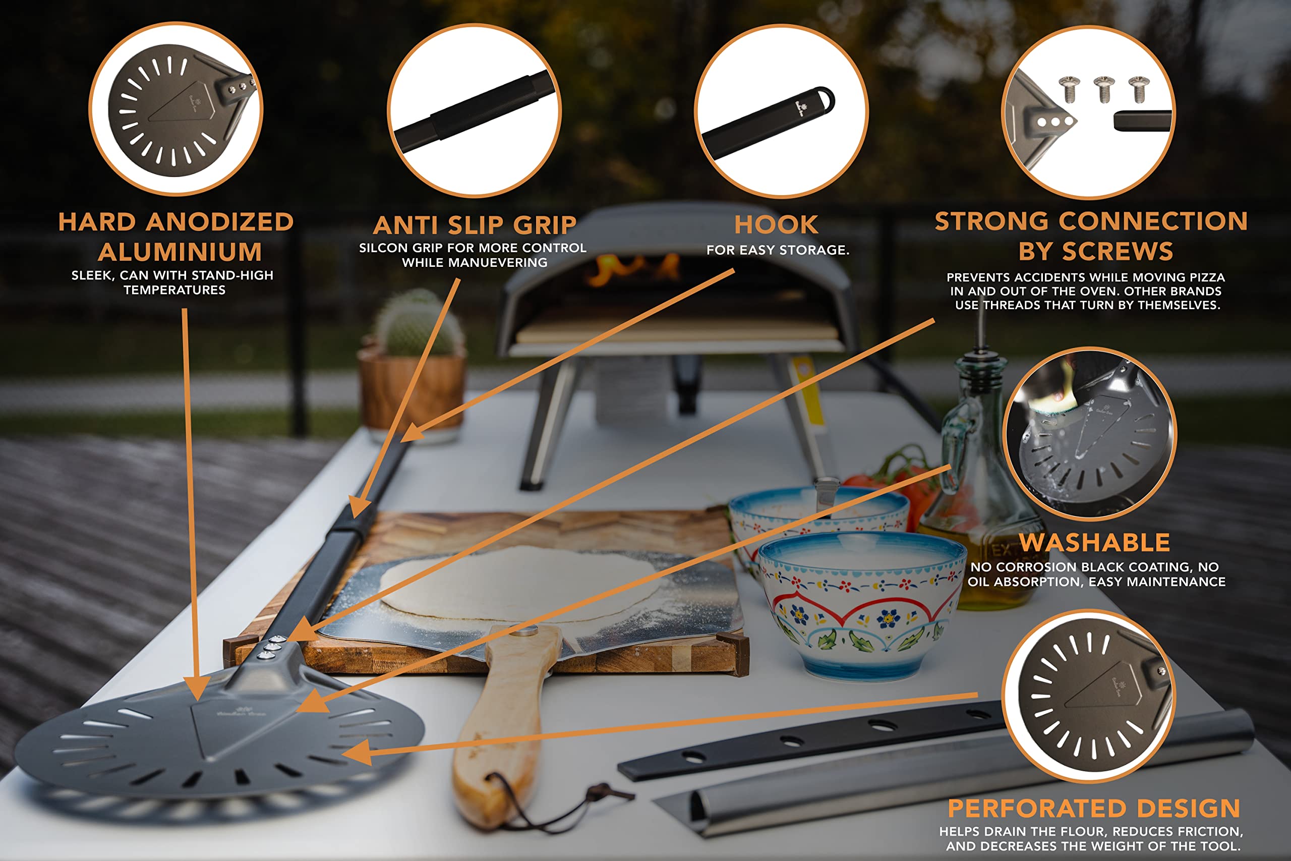 Timber Tree Pizza Turning Peel, Perforated Aluminum, with Detachable Handle for Easy Storage, Gourmet Luxury Pizza Paddle for Baking Homemade Pizza Bread (8 inch)