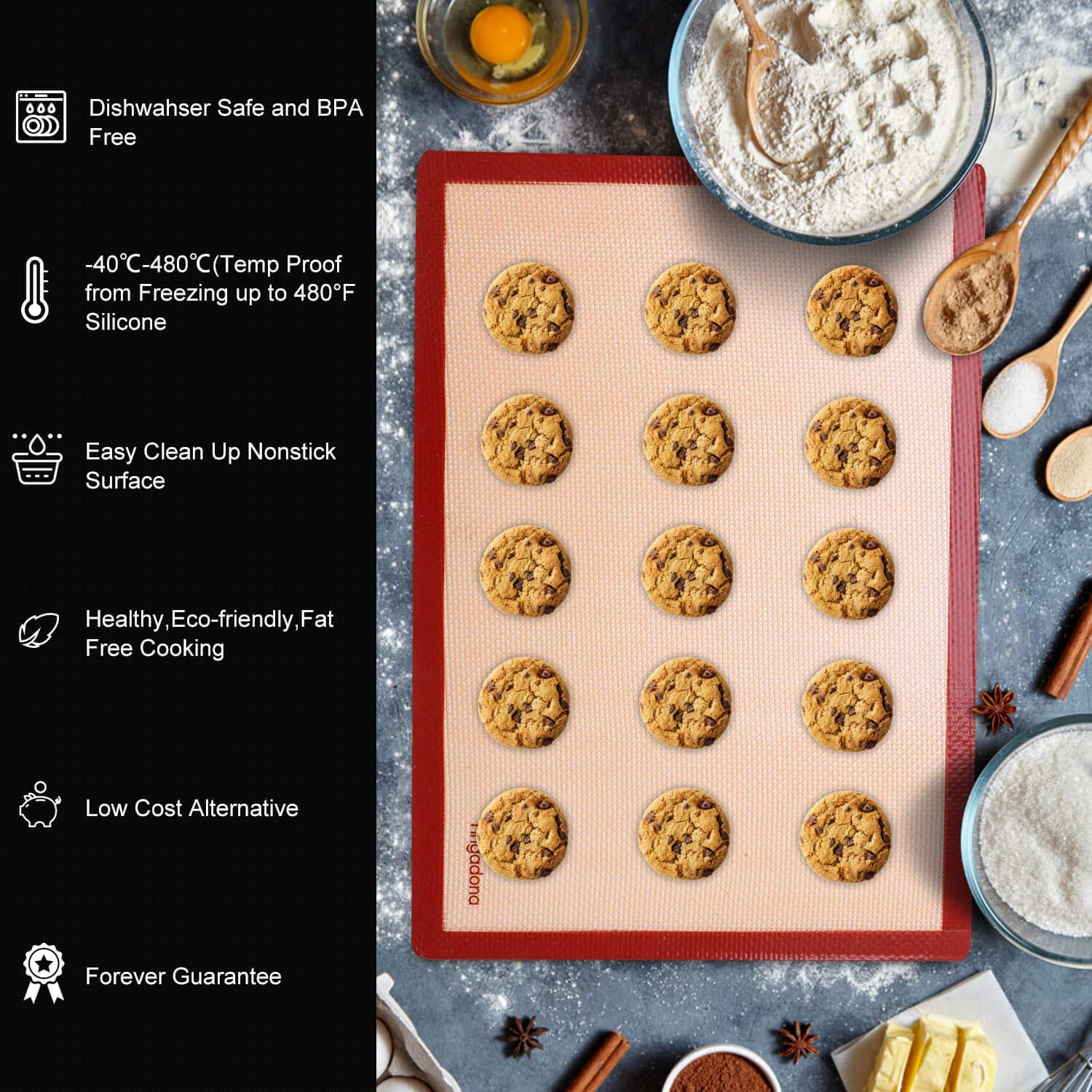 Silicone Baking Mats Set of 6-2 Half Sheets Mats + 2 Quarter Sheet Liner + 1 Round & 1 Square Cake Pan Mat - 100% Nonstick Reusable Silicone Mat- Bake Pastry for Cookie and Macaron