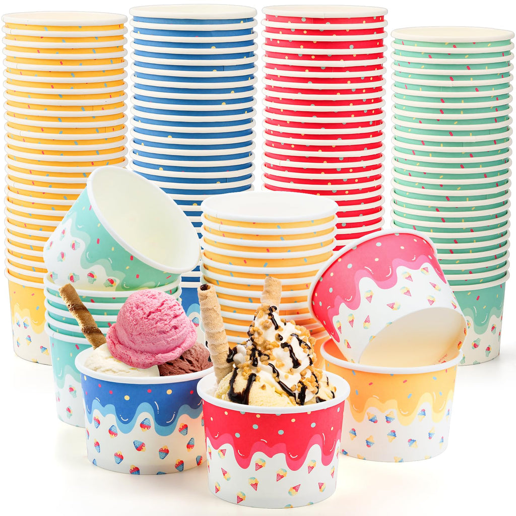 Lawei 100 Pack Ice Cream Cups, 8 Oz Disposable Paper Ice Cream Sundae Bowls for Cold and Hot Foods, Party Supplies Treat Cups dessert bowls for Ice Cream, Sundae, Frozen, Yogurt, Soup, Snack, 4 Colors
