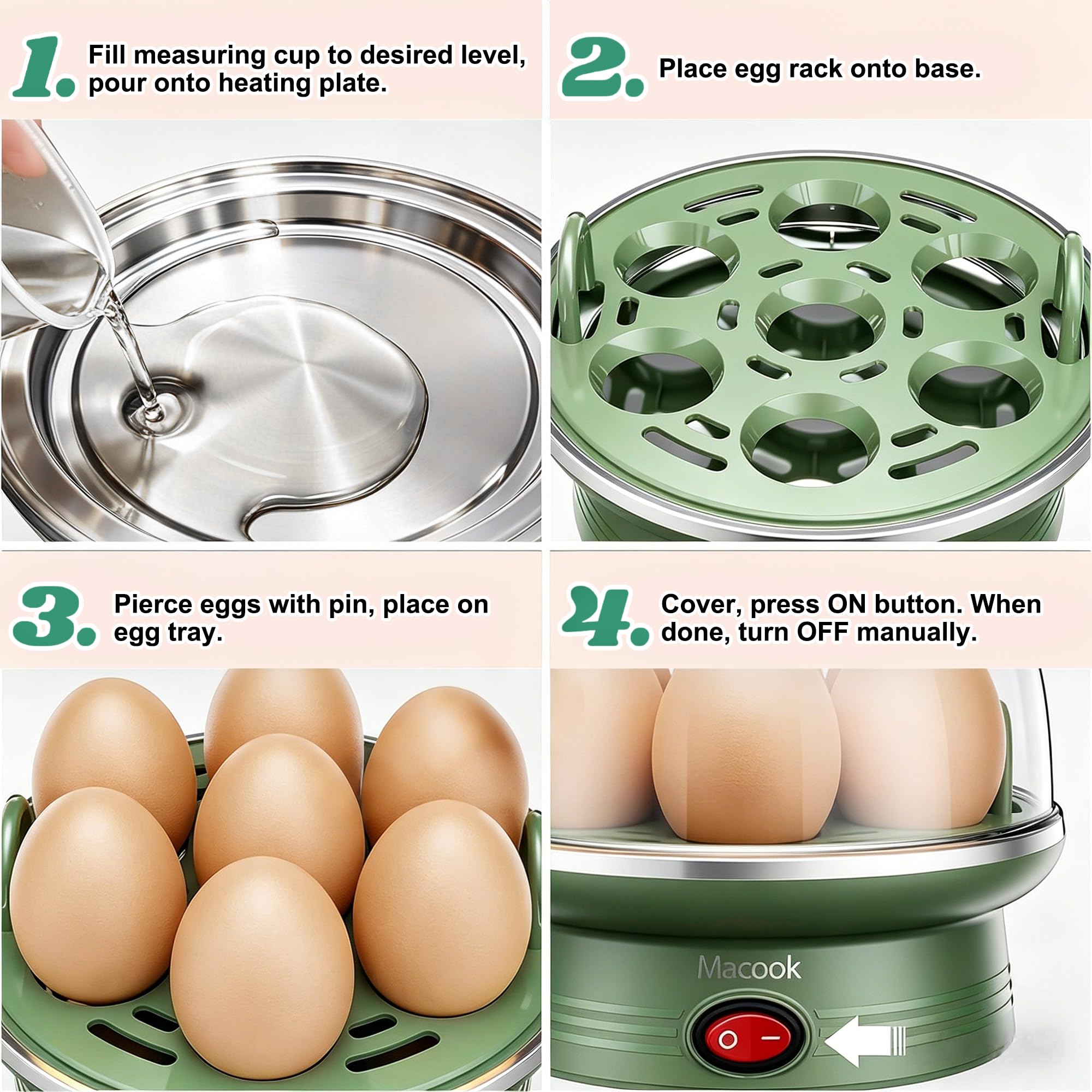 Macook Electric Egg Cooker and Boiler, 7-Egg Capacity Steamer, Fast Heating, for Hard, Soft, Medium Boiled Eggs, with 304 Stainless Steel Tray, BPA-Free, Green