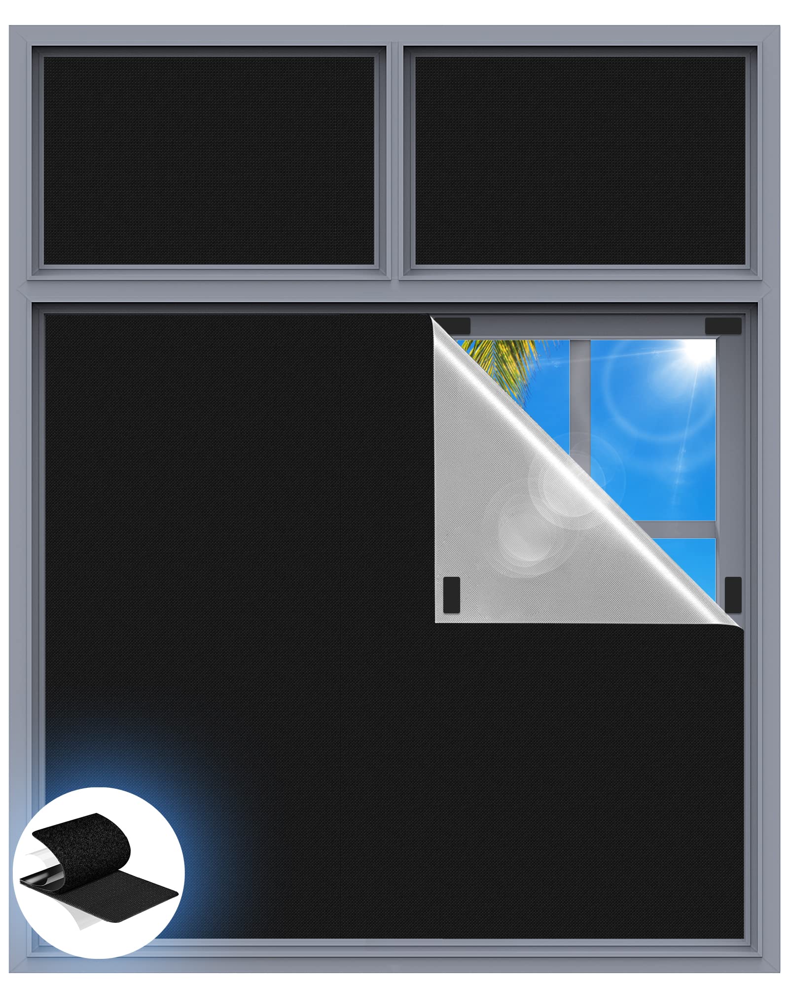 Blackout Curtains for Bedroom, 39" x 58" Portable Blackout Blinds with 20 Sets Hooks & Loops Strips for 100% Blackout Window Film, Temporary Blackout Shades for Windows Cover Nursery Travel RV- Black