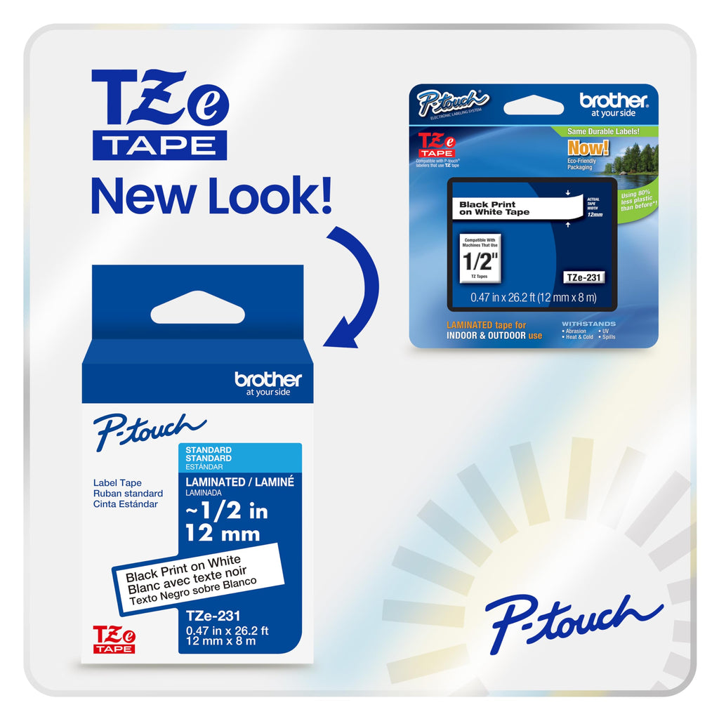 Brother Genuine TZe-S231 Black on White Laminated Tape for TZe-Compatible P-Touch Label Makers, 12 mm Wide x 8 m Long
