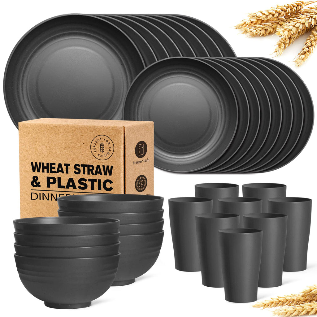 Teivio 32 Piece Kitchen Plastic Wheat Straw Dinnerware Set for 8, Dinner Plates and Bowls Set, Cups, Unbreakable Dishwasher Outdoor Camping RV Essentials Dishes, Black Vaisselle Cuisine