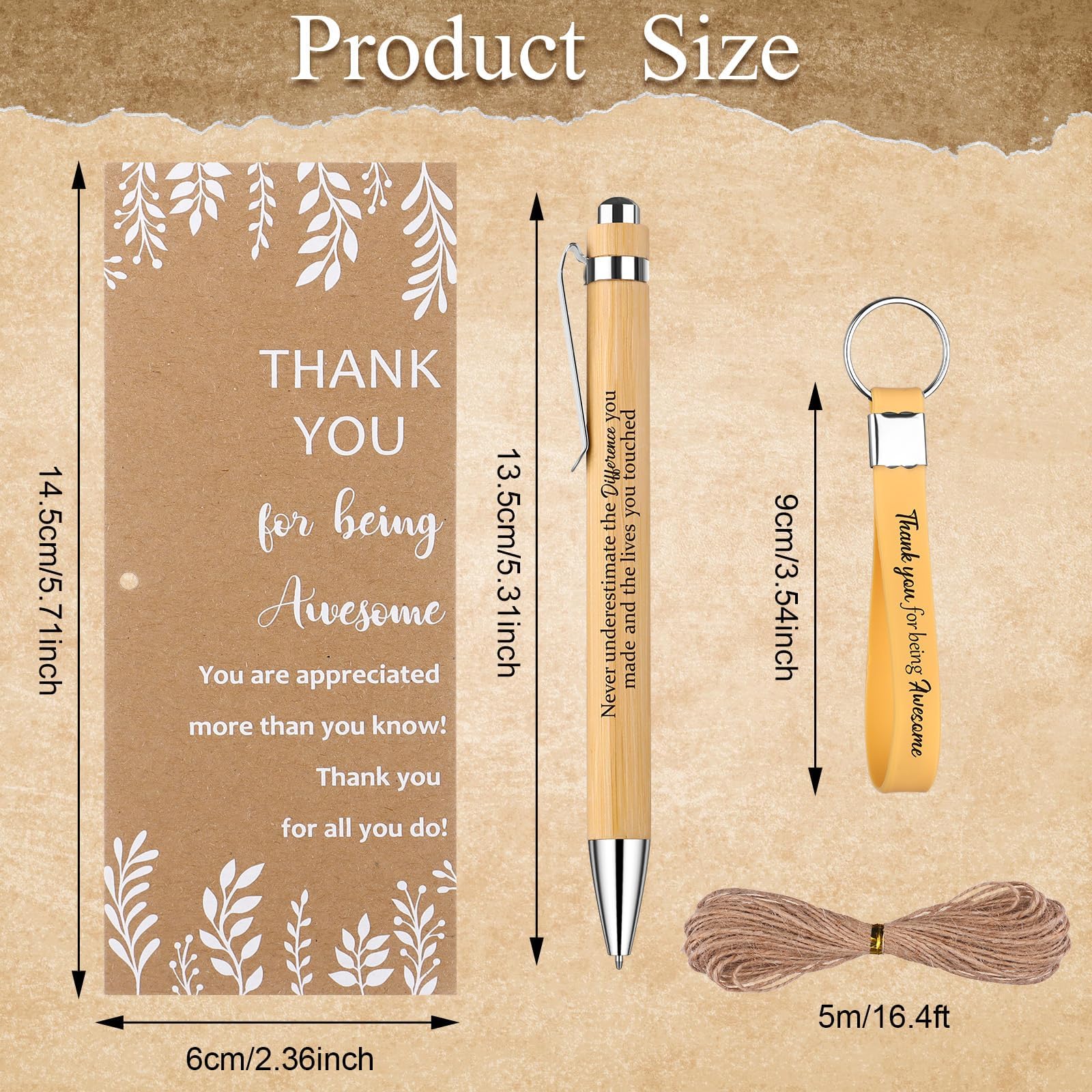 60 Pcs Employee Appreciation Gifts Inspirational Bamboo Ballpoint Pens Bulk Thank you Quotes Cards Silicone Keychain with Twine for Colleagues Teacher Team Volunteer Supplies (Wood Color)