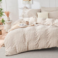 HYMOKEGE Beige Duvet Cover Queen Size, Ultra Soft 3-Piece Seersucker Duvet Cover Set with Zipper Closure, Soft Brushed Microfiber Bedding Set with 8 Corner Ties (90"x90", 2 Pillowshams)