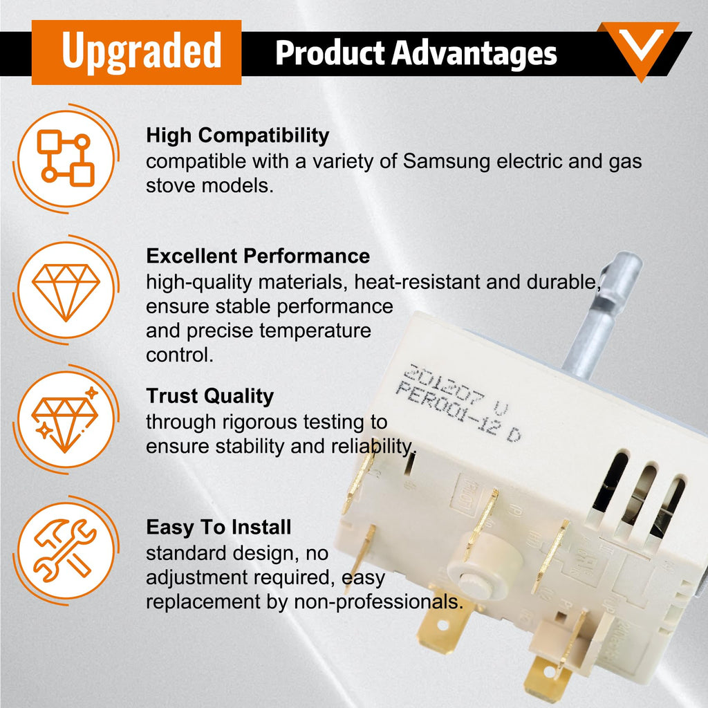 DG44-01006B Range Dual Surface Element Switch Replacement Numbers: AP6037530, PS11771631, EAP11771631 Part Number: PD00035203 Compatible with Samsung