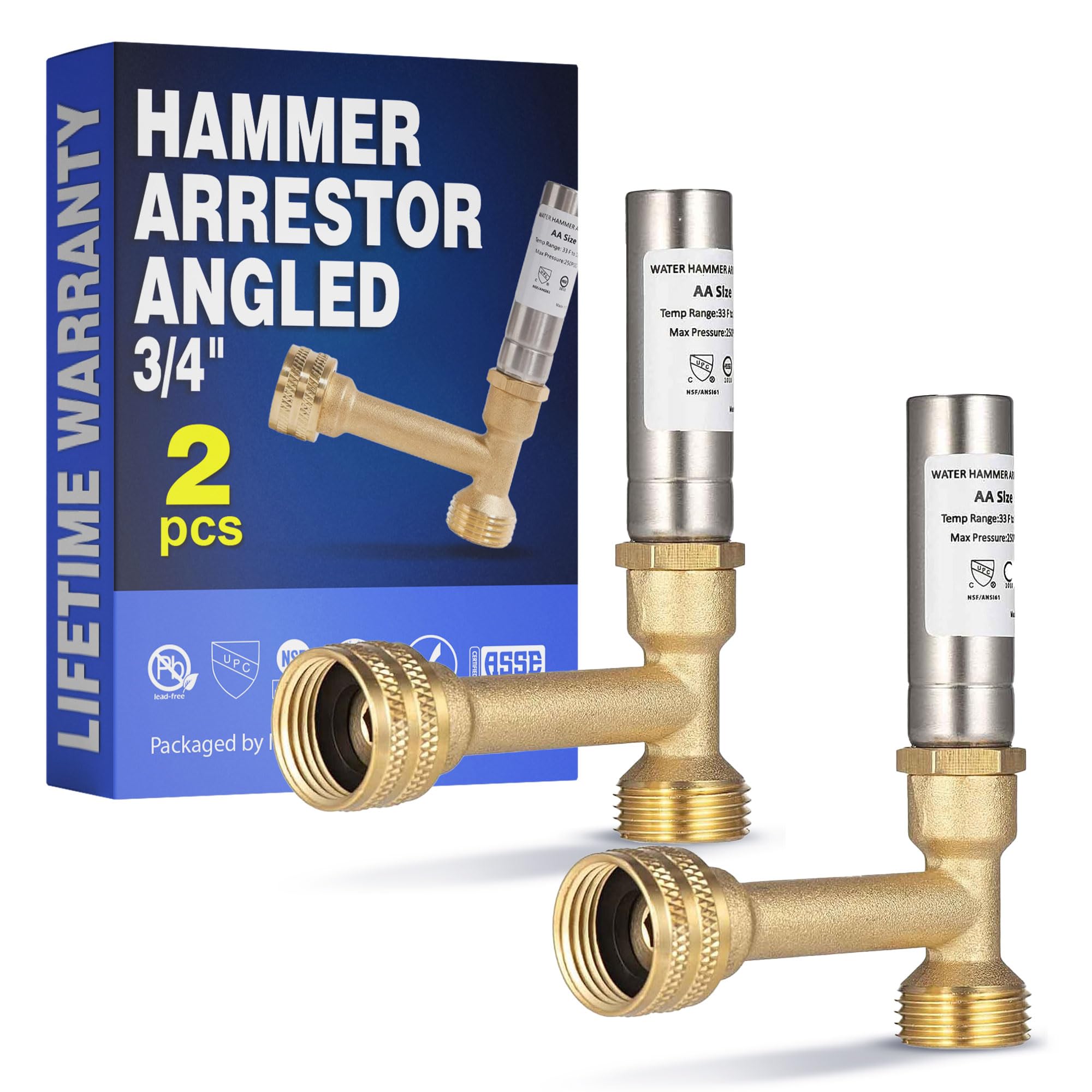 New Age America® AquaFlow 360™ Hammer Arrestor | 2pcs Angle Washing Machine | 3/4" Male GHT & 3/4" Swivel Female GHT | 304 Stainless Steel & Brass