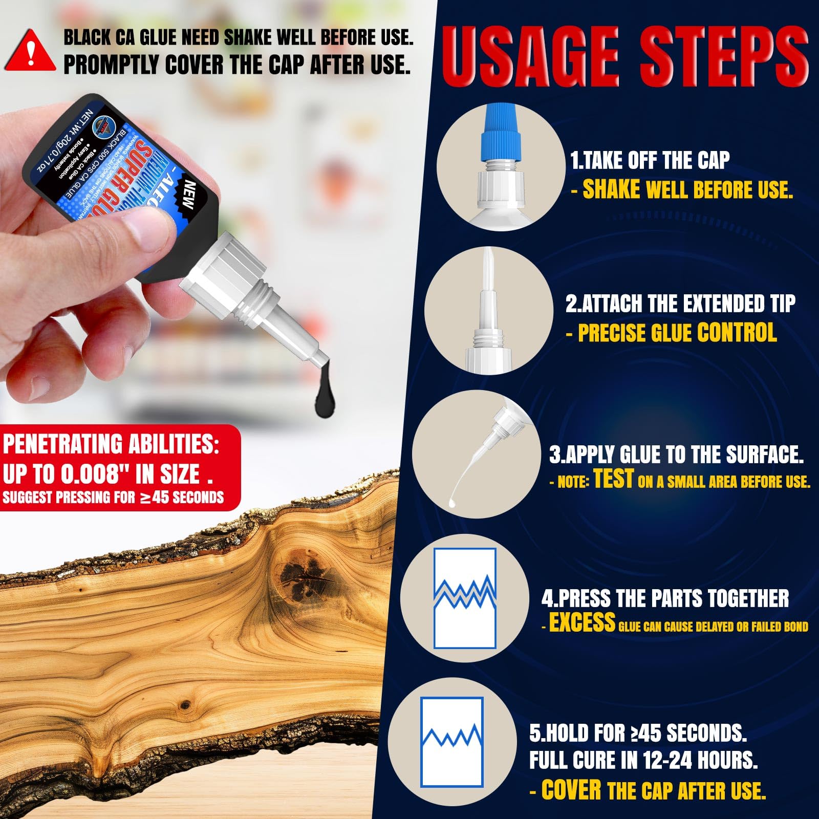20g Black Medium-Thick CA Glue (150 CPS),Premium Cyanoacrylate Super Glue for Wood, Glass, Metal, Paper, Leather, Plastic, Ceramic, Rubber, Jewelry, Woodworking, Hobby Models, and Craft Project
