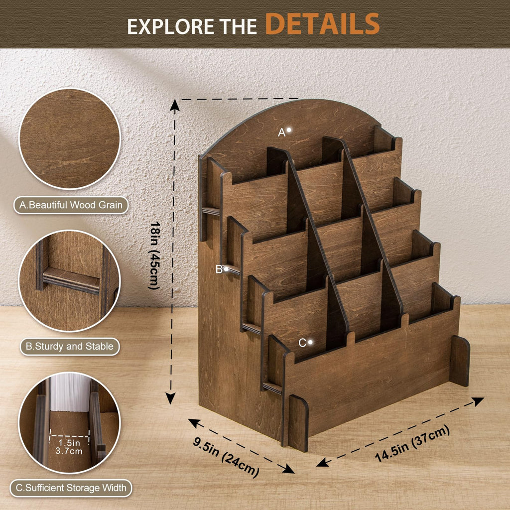 Wooden Sticker Display Stand, Sticker Holder Display Organizer with 12 Pockets for Greeting Card, Postcard, Coaster, Bookmark, Brochure, Vendors, Retail, Brown