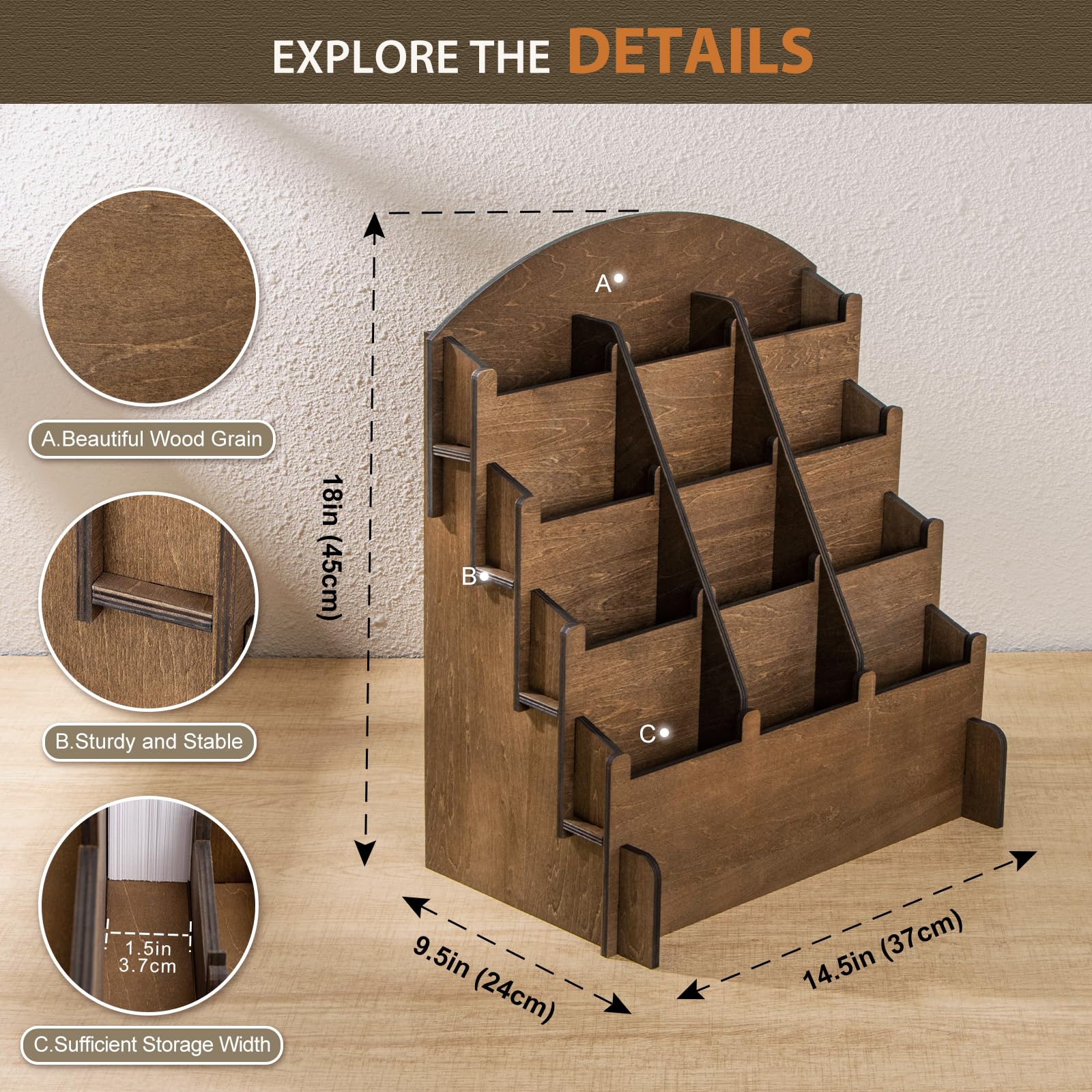 Wooden Sticker Display Stand, Sticker Holder Display Organizer with 12 Pockets for Greeting Card, Postcard, Coaster, Bookmark, Brochure, Vendors, Retail, Brown