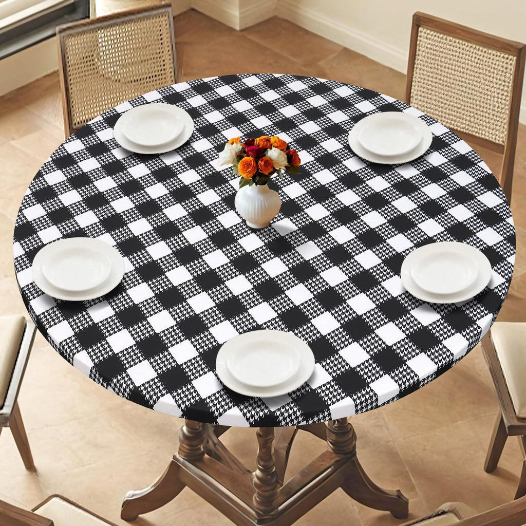 LOMOHOO Round Tablecloth with Elastic Edge Outdoor Waterproof Round Table Cloth, 36-44" Black White Buffalo Plaid Houndstooth Washable Fitted Vinyl Table Cover for Dining Kitchen Picnic Camping Party