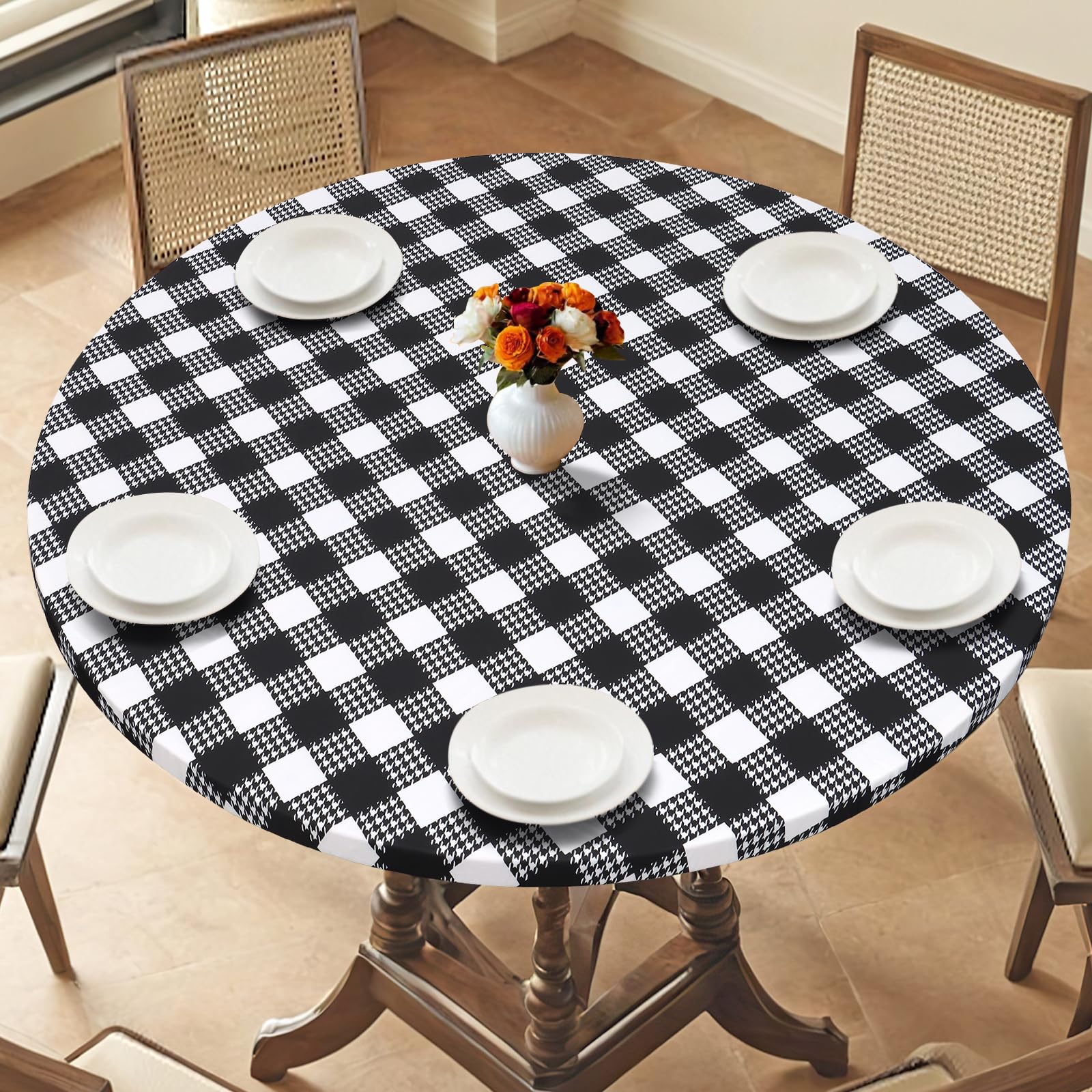 LOMOHOO Round Tablecloth with Elastic Edge Outdoor Waterproof Round Table Cloth, 36-44" Black White Buffalo Plaid Houndstooth Washable Fitted Vinyl Table Cover for Dining Kitchen Picnic Camping Party
