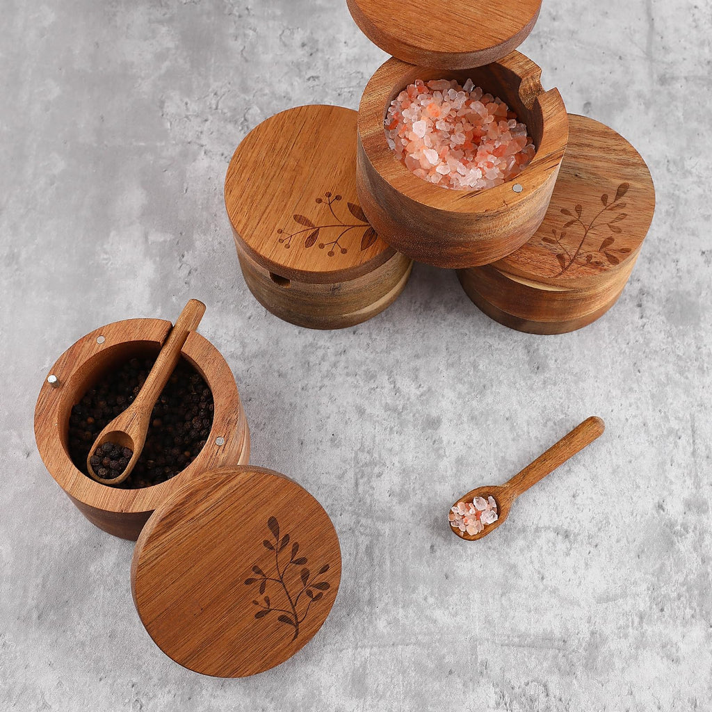 DGYLL Acacia Wood Salt Container with Spoon Keeper Salt Box Spice Storage Box Condiment Pot Sugar Bowl with Spoon and swiveling lid Size: 3.5DIA x 2.5H inch (1pc no Pattern/w Spoon)