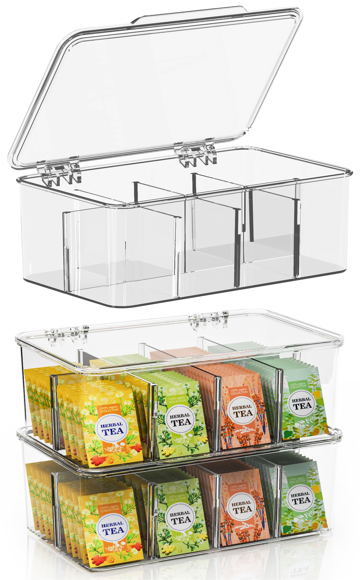 Kichly 3 Pack Tea Bag Organizer - Stackable Acrylic Tea Bag Organizer with Clear Plastic Storage for Kitchen & Pantry, Perfect for Coffee Packets, Sugar, Snacks, Herbs, and Spices (Clear)