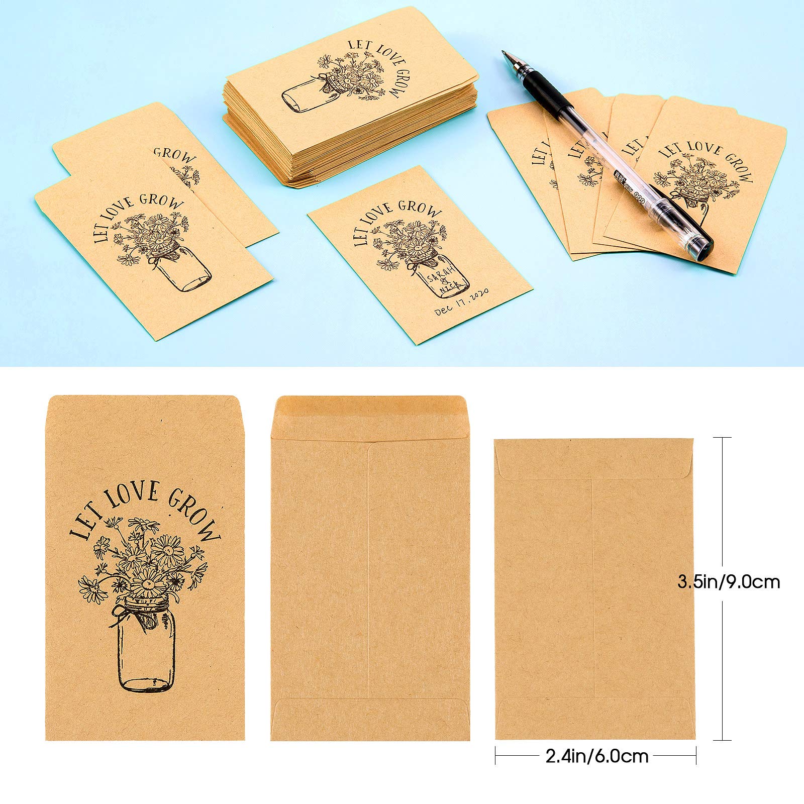 CINPIUK Wedding Favor Seed Packets, 100PCS Let Love Grow Self Adhesive Seed Packets Mason Jar Flowers Retro Kraft Envelopes Seeds Storage Paper Packets for Rustic Wedding Baby Shower Favors