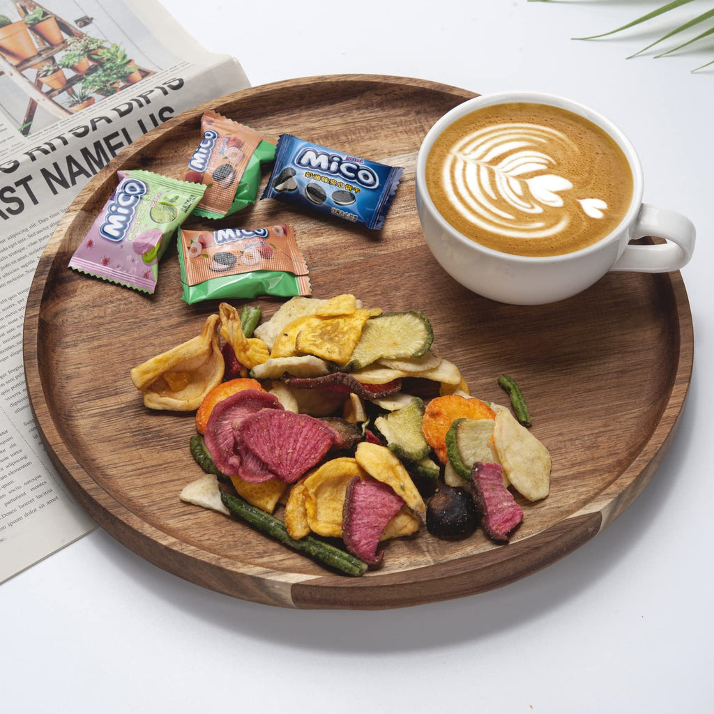 YANGQIHOME Acacia Wood Serving Tray, Round Wooden Platter for Food, Snack, Bread, Cheese, 35 cm Kitchen Serving Tray