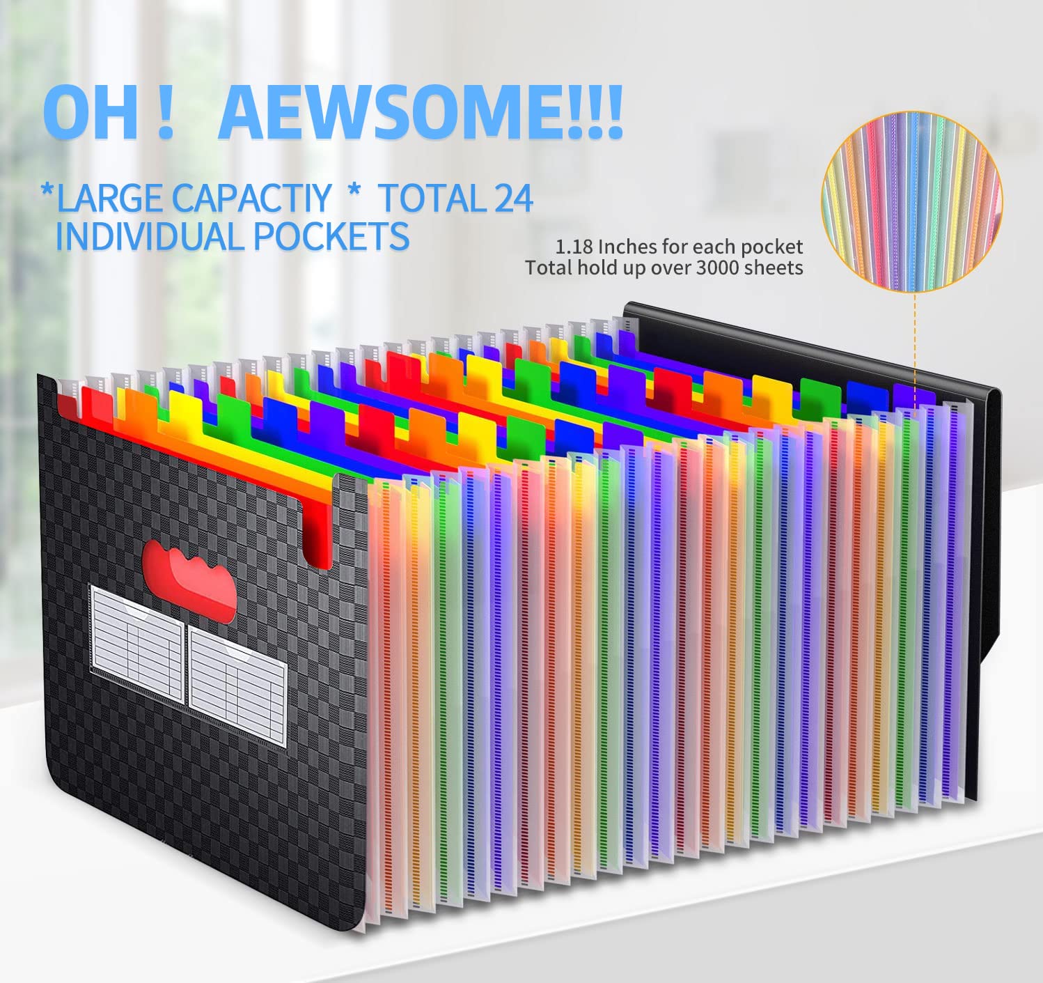 24 Pockets Expandable Accordion File Organizer, Expanding File Folders, Portable Rainbow Plastic Filing Box with Colored Labels for School Work Family Project Office Personal Document