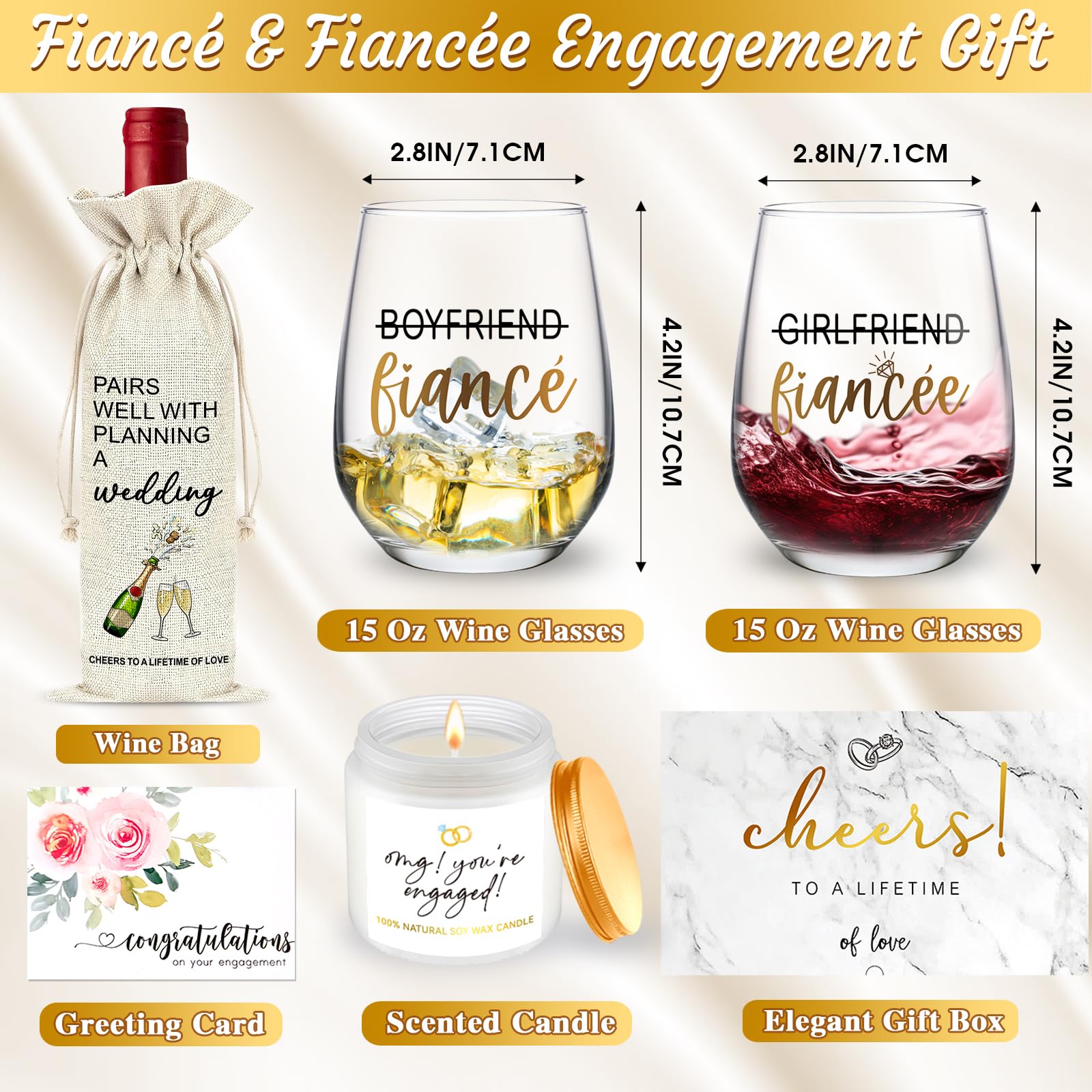JTAMOHI Engagement Gifts for Couples, 5 Pcs Fiance Fiancee Wine Glass Gifts Set, Engagement Gifts for Newly Engaged Couples, Fiance Fiancee Gifts for Him and Her, Newlywed Wedding Gifts, Bridal Shower