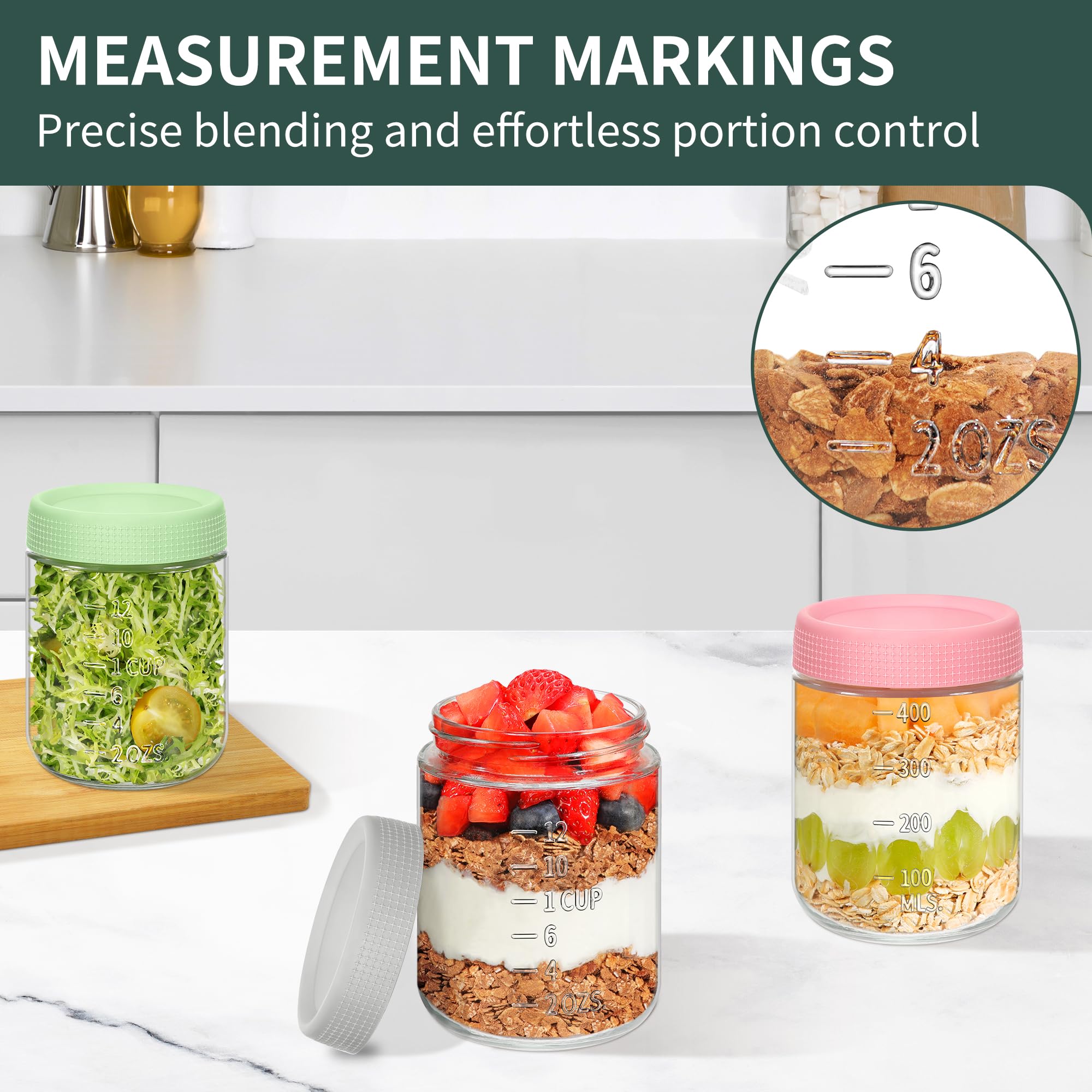 Xyptorix 6-Pack 16oz Overnight Oats Containers with Airtight Lids - Glass Mason Jars with Measurement Marks for Yogurt, Meal Prep & Chia Pudding, Stackable & Leakproof